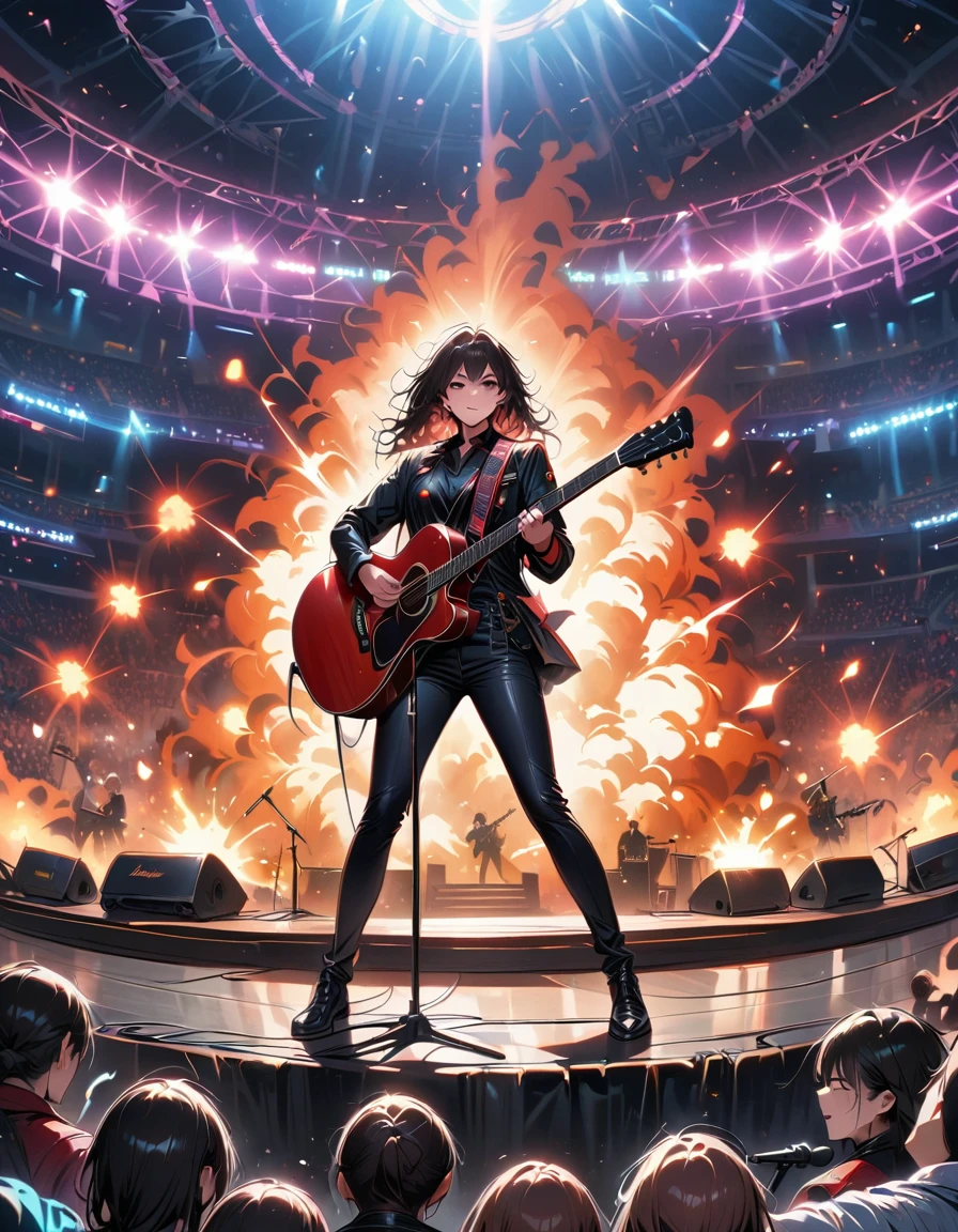 (best quality,4K,8K,high resolution,masterpiece:1.2),Super detailed,(actual,photoactual,photo-actual:1.37),rock star,singer,Guitar,Uniform,Black,tight,golden accents,spacewalk,hysterical singing,Stage lighting,rebellious,glitch art,bright colors,Energetic performance,electric atmosphere,loud music,screaming fans,Huge speakers,Fiery explosion,dynamic poses,Smoke and fog effects,expressive face,rotating lights,Flash,dark background,edgy style,wild hair,microphone stand,Guitar声音失真,rock music,Celebrity,电Guitar独奏,huge concert stage,strut on stage,Condescending,Emotional intensity,Loud and heavy drum beat,Electric energy,Stage fireworks,Powerful vocal performance,the stadium has a full crowd,thousands of fans,Roaring crowd,flash,electric atmosphere,sweaty and Energetic performance,legendary figures,Acting skills,standing ovation