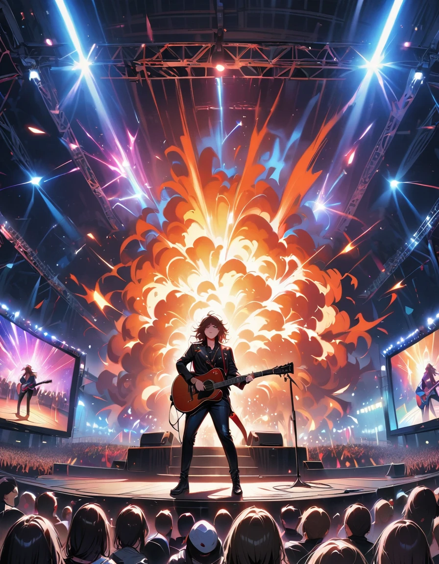 (best quality,4K,8K,high resolution,masterpiece:1.2),Super detailed,(actual,photoactual,photo-actual:1.37),rock star,singer,Guitar,Uniform,Black,tight,golden accents,spacewalk,hysterical singing,Stage lighting,rebellious,glitch art,bright colors,Energetic performance,electric atmosphere,loud music,screaming fans,Huge speakers,Fiery explosion,dynamic poses,Smoke and fog effects,expressive face,rotating lights,Flash,dark background,edgy style,wild hair,microphone stand,Guitar声音失真,rock music,Celebrity,电Guitar独奏,huge concert stage,strut on stage,Condescending,Emotional intensity,Loud and heavy drum beat,Electric energy,Stage fireworks,Powerful vocal performance,the stadium has a full crowd,thousands of fans,Roaring crowd,flash,electric atmosphere,sweaty and Energetic performance,legendary figures,Acting skills,standing ovation