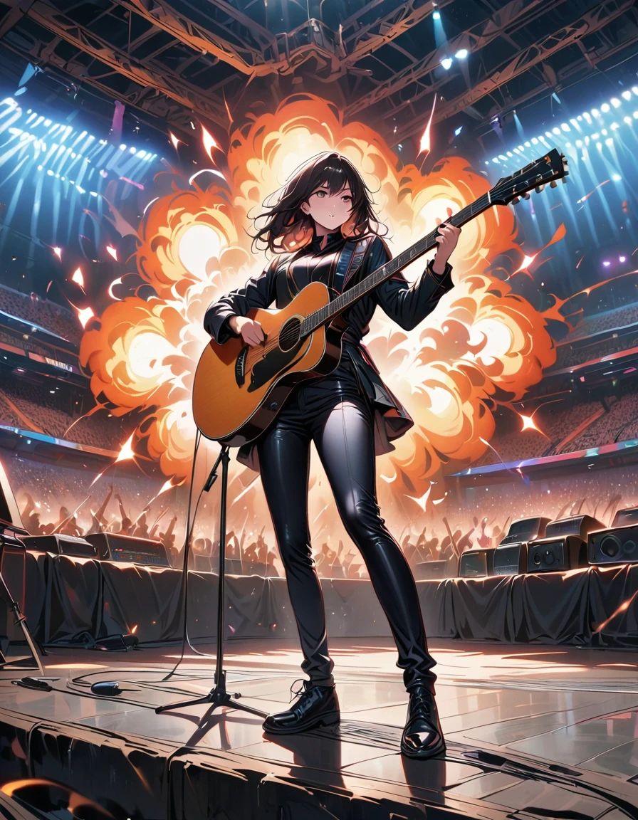 (best quality,4K,8K,high resolution,masterpiece:1.2),Super detailed,(actual,photoactual,photo-actual:1.37),rock star,singer,Guitar,Uniform,Black,tight,golden accents,spacewalk,hysterical singing,Stage lighting,rebellious,glitch art,bright colors,Energetic performance,electric atmosphere,loud music,screaming fans,Huge speakers,Fiery explosion,dynamic poses,Smoke and fog effects,expressive face,rotating lights,Flash,dark background,edgy style,wild hair,microphone stand,Guitar声音失真,rock music,Celebrity,电Guitar独奏,huge concert stage,strut on stage,Condescending,Emotional intensity,Loud and heavy drum beat,Electric energy,Stage fireworks,Powerful vocal performance,the stadium has a full crowd,thousands of fans,Roaring crowd,flash,electric atmosphere,sweaty and Energetic performance,legendary figures,Acting skills,standing ovation