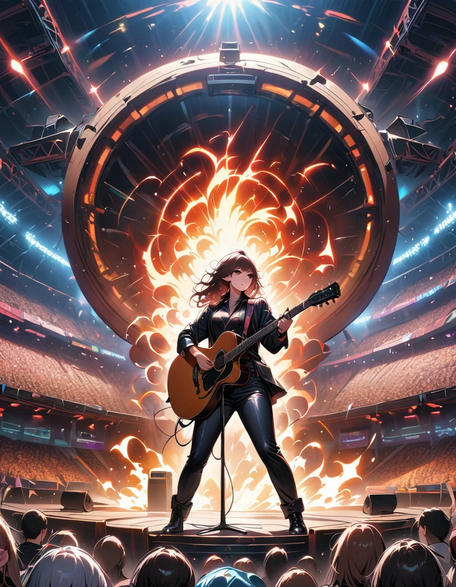 (best quality,4K,8K,high resolution,masterpiece:1.2),Super detailed,(actual,photoactual,photo-actual:1.37),rock star,singer,Guitar,Uniform,Black,tight,golden accents,spacewalk,hysterical singing,Stage lighting,rebellious,glitch art,bright colors,Energetic performance,electric atmosphere,loud music,screaming fans,Huge speakers,Fiery explosion,dynamic poses,Smoke and fog effects,expressive face,rotating lights,Flash,dark background,edgy style,wild hair,microphone stand,Guitar声音失真,rock music,Celebrity,电Guitar独奏,huge concert stage,strut on stage,Condescending,Emotional intensity,Loud and heavy drum beat,Electric energy,Stage fireworks,Powerful vocal performance,the stadium has a full crowd,thousands of fans,Roaring crowd,flash,electric atmosphere,sweaty and Energetic performance,legendary figures,Acting skills,standing ovation