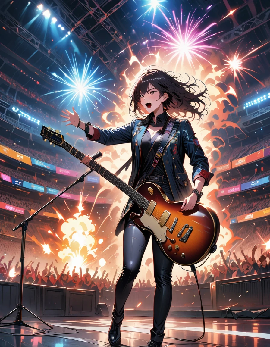 (best quality,4K,8K,high resolution,masterpiece:1.2),Super detailed,(actual,photoactual,photo-actual:1.37),rock star,singer,Guitar,Uniform,Black,tight,golden accents,spacewalk,hysterical singing,Stage lighting,rebellious,glitch art,bright colors,Energetic performance,electric atmosphere,loud music,screaming fans,Huge speakers,Fiery explosion,dynamic poses,Smoke and fog effects,expressive face,rotating lights,Flash,dark background,edgy style,wild hair,microphone stand,Guitar声音失真,rock music,Celebrity,电Guitar独奏,huge concert stage,strut on stage,Condescending,Emotional intensity,Loud and heavy drum beat,Electric energy,Stage fireworks,Powerful vocal performance,the stadium has a full crowd,thousands of fans,Roaring crowd,flash,electric atmosphere,sweaty and Energetic performance,legendary figures,Acting skills,standing ovation