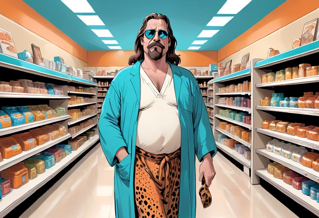 illustrate, (Flintstones, The Dude (big lebowski), inherent vice, style reference), hazy fever dream, inside convenience store past midnight, beyond place and time, visual jazz, (fred Flintstone, with black hair, thick eyebrows, a large nose, and tan beard stubble. He wears a deep sky blue or aqua teal-green necktie, an orange and animal print black-spotted loincloth, and has a large belly, portraying the Dude from Big Lebowski, wearing sunglass aviators and a loose fitting bathrobe), shopping in the aisles of a convenience store, food shelves, fish eye lens, panoramic view, hyper realism, too real, intense, hyper maximal, strange, cel shading, rich color grading, broad spectrum of ROYGBIV, deep warm hazy hues, hand drawn with realism, rotoscope, cinematic, framing and composition,