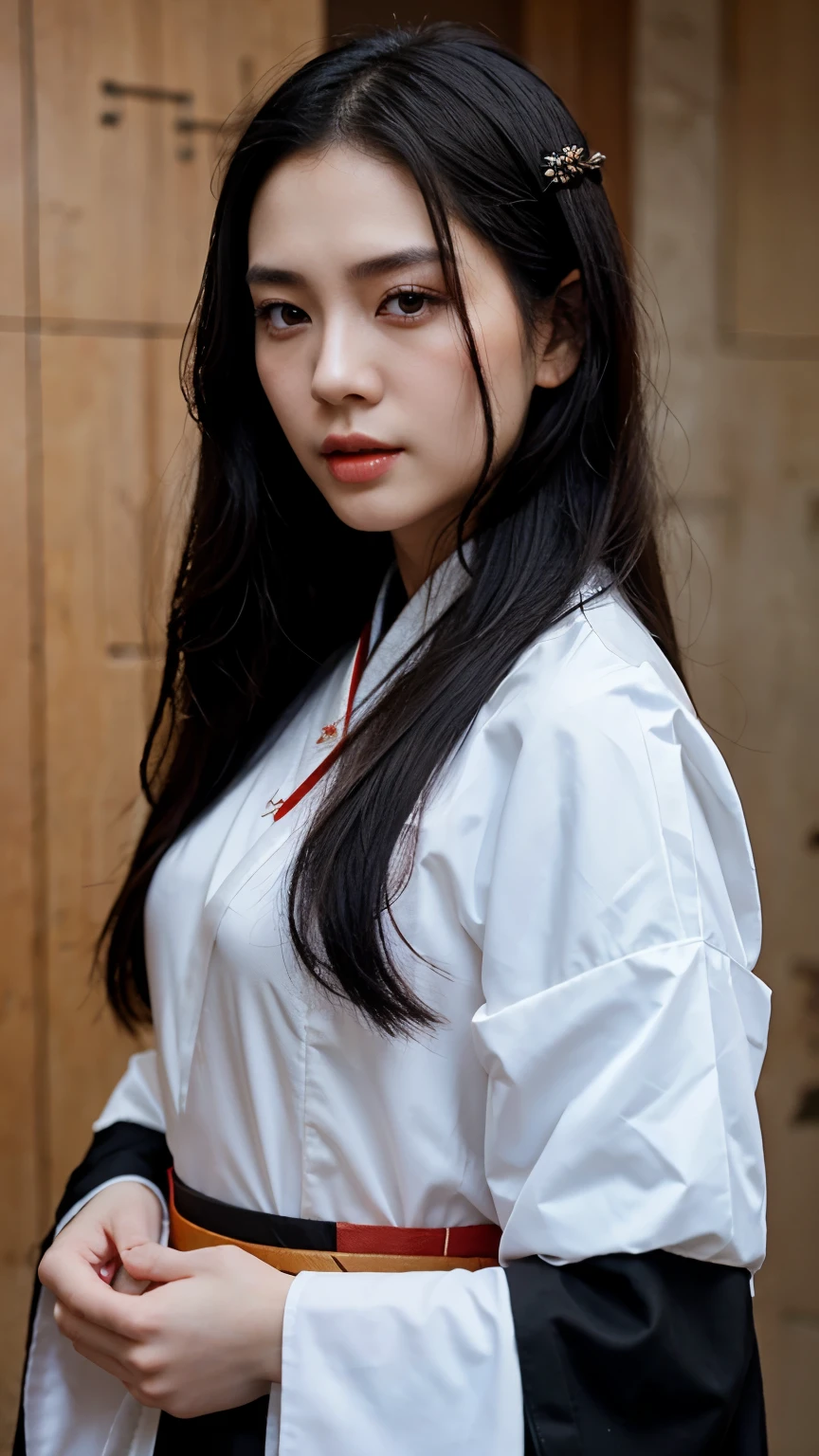 Chinese man wearing white hanfu with long black hair, pale skin, reddish lips,