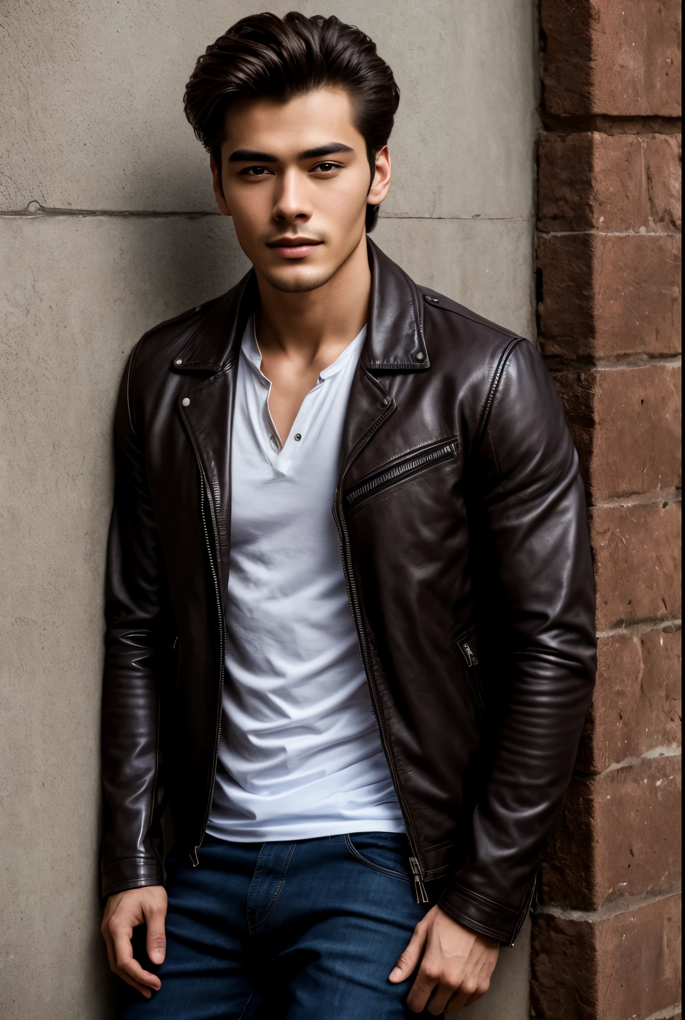 Arafeld man leaning against a wall in a leather jacket, inspired by Adam Dario Keel, maxim sukharev, attractive and good looking, Inspired by Ludovit Fula, close up portrait shot, maxim shirkov, close - up portrait shot, azimov, Sebastian Luca, profile shot, Japanese handsome male, handsome attractive face, Portrait of a beautiful young man, handsome male face