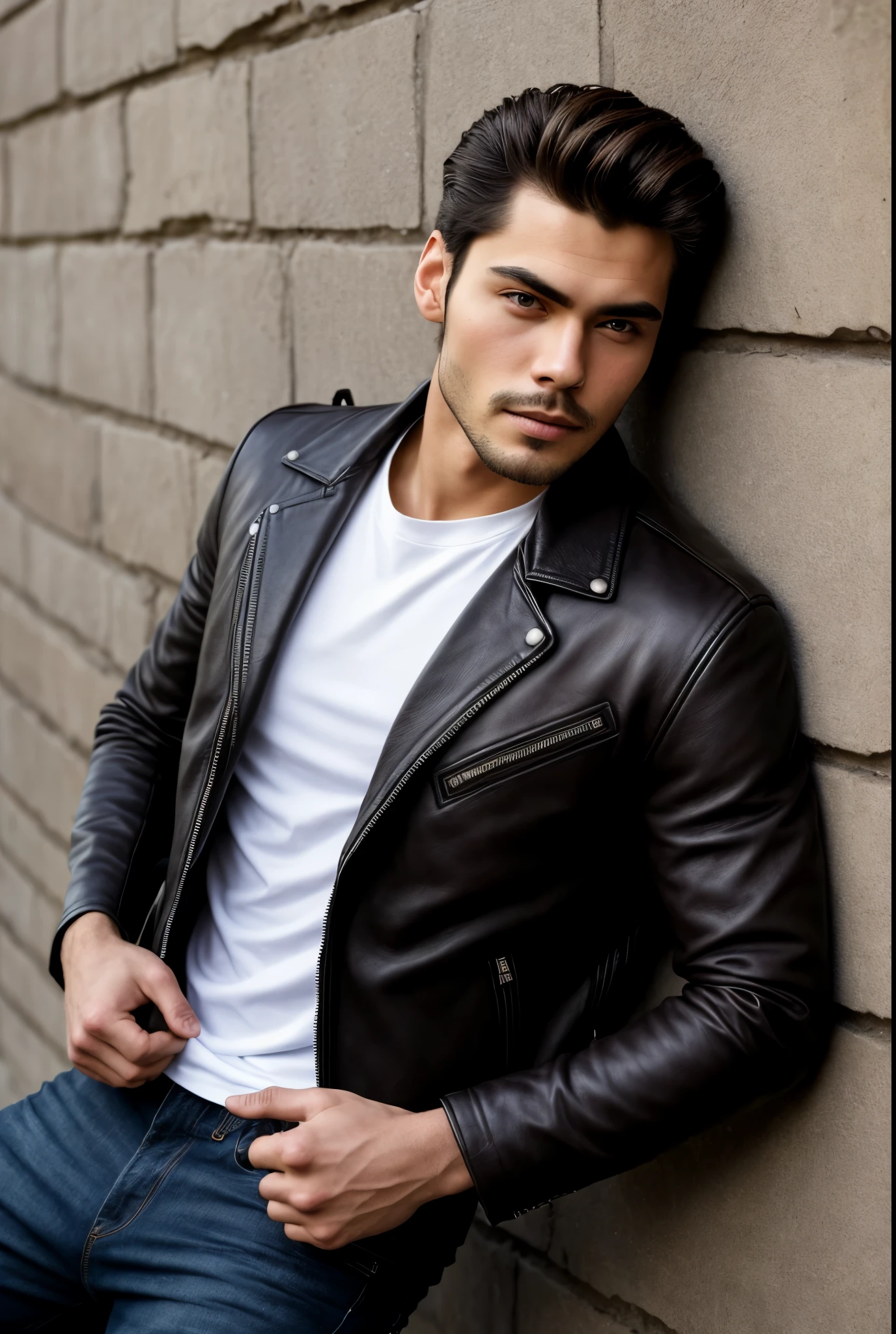 Arafeld man leaning against a wall in a leather jacket, inspired by Adam Dario Keel, maxim sukharev, attractive and good looking, Inspired by Ludovit Fula, close up portrait shot, maxim shirkov, close - up portrait shot, azimov, Sebastian Luca, profile shot, Japanese handsome male, handsome attractive face, Portrait of a beautiful young man, handsome male face