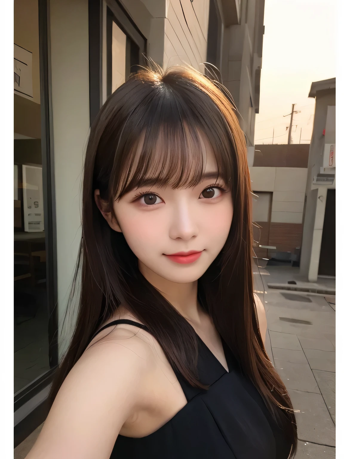 masterpiece, best image quality, high quality, beautiful girl, Japanese, Japanese school girl, popular korean makeup, be familiar with, eye swelling, be familiar with eyes, be familiar with skin, beautiful skin, ultra High resolution, (reality: 1.4), so beautiful, a little young face, beautiful skin, thin, (super reality), (figure), (High resolution), (8K), (highly be familiar with), (best figure), (beautifully be familiar with eyes), (super be familiar with), (wallpaper), (be familiar with face), looking at the viewer, small details, be familiar with face, Pure erotic face ace_V1, smile, look straight ahead, look straight ahead, Angle from the waist up, realistic pictures, bright lighting, professional lighting, blonde, long hair, dark ruins, big red moon, gorgeous red and black dress, mature woman, Stylish long bangs,Kissshot Acerola Orion Heart Underblade