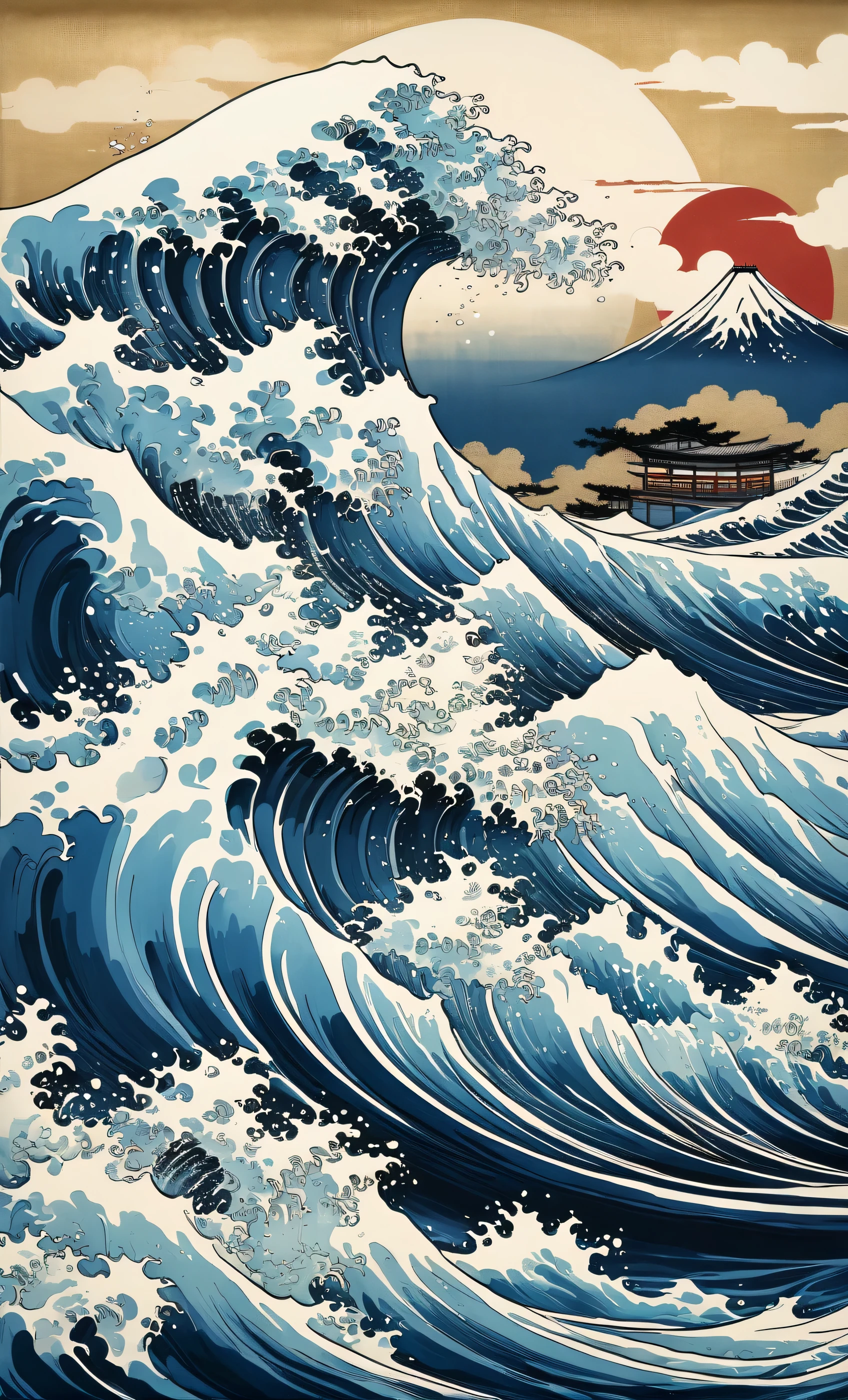 A picture of waves is painted on the sky background, katsushika Hokusai style, Big Waves, Hokusai style, Big Waves of hokusai, inspired by Katsushika Hokusai, inspired by Katsuchika Hokusai, Big Waves, Big Waves off kanagawa, the Big Waves off kanagaw