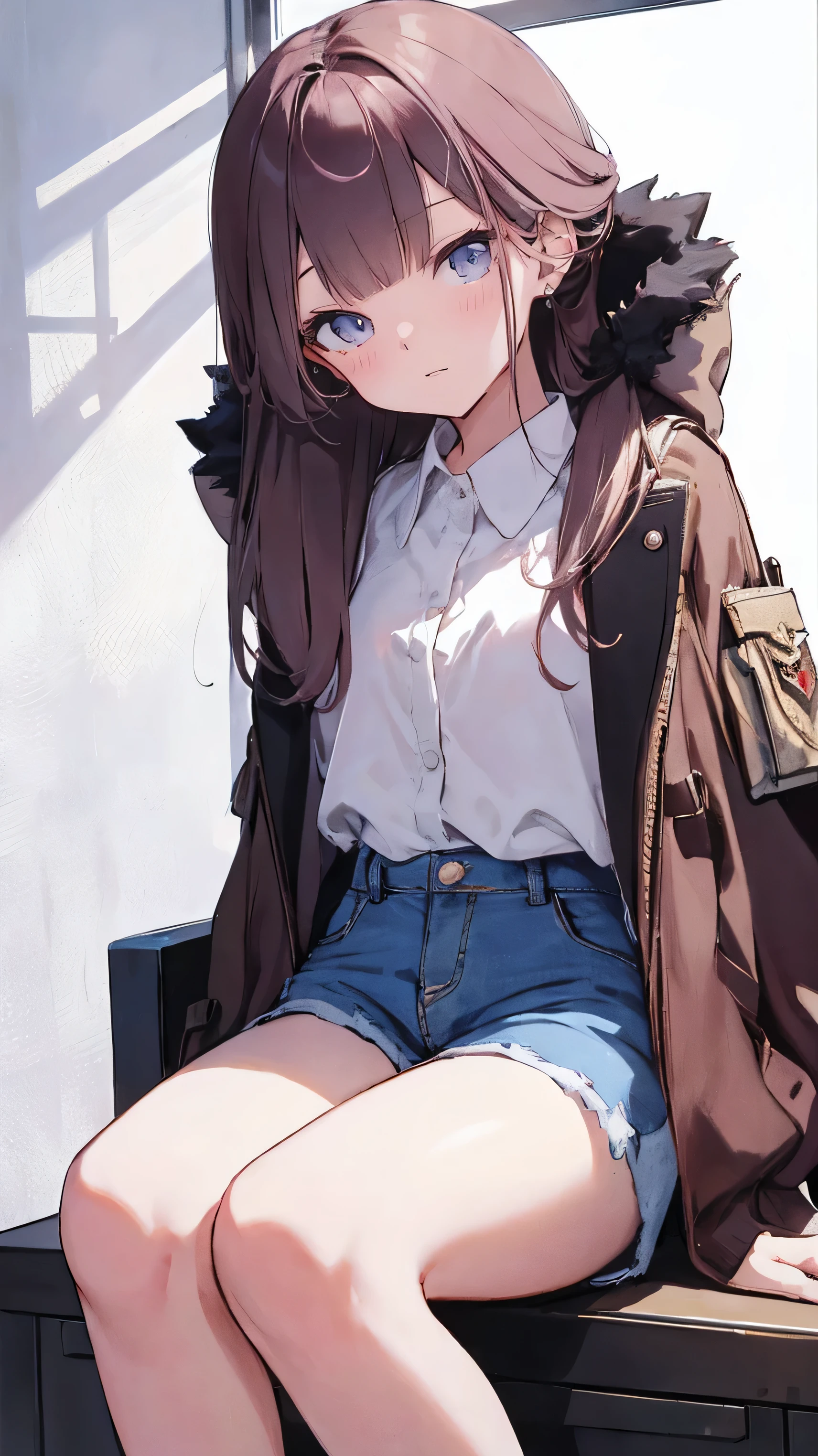 master piece、Highest image quality、highest quality、 ((panic))、glossy hair quality、small face、sitting、Super detailed and beautiful bright eyes、Super detailed clear and beautiful face、(cute illustration:1.2), High-resolution, ultra-detailed, best quality, embarrassed、(Gaps in shorts).(Cute underwear that can be seen at a glance)