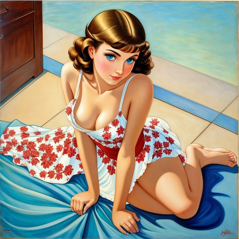 A sensual Rachel Cook, kneeling in front of me. View from above. Downshirt. White panties. (((wearing a loose fitting, short, red, floral sundress))), medium breasts, cleavage. Sideboobs. ((White running shoes, no socks)). (((Bright blue eyes))). Full body portrait, pin-up painting from the '50s, in the art style of Alberto Vargas,, award-winning, masterpiece
