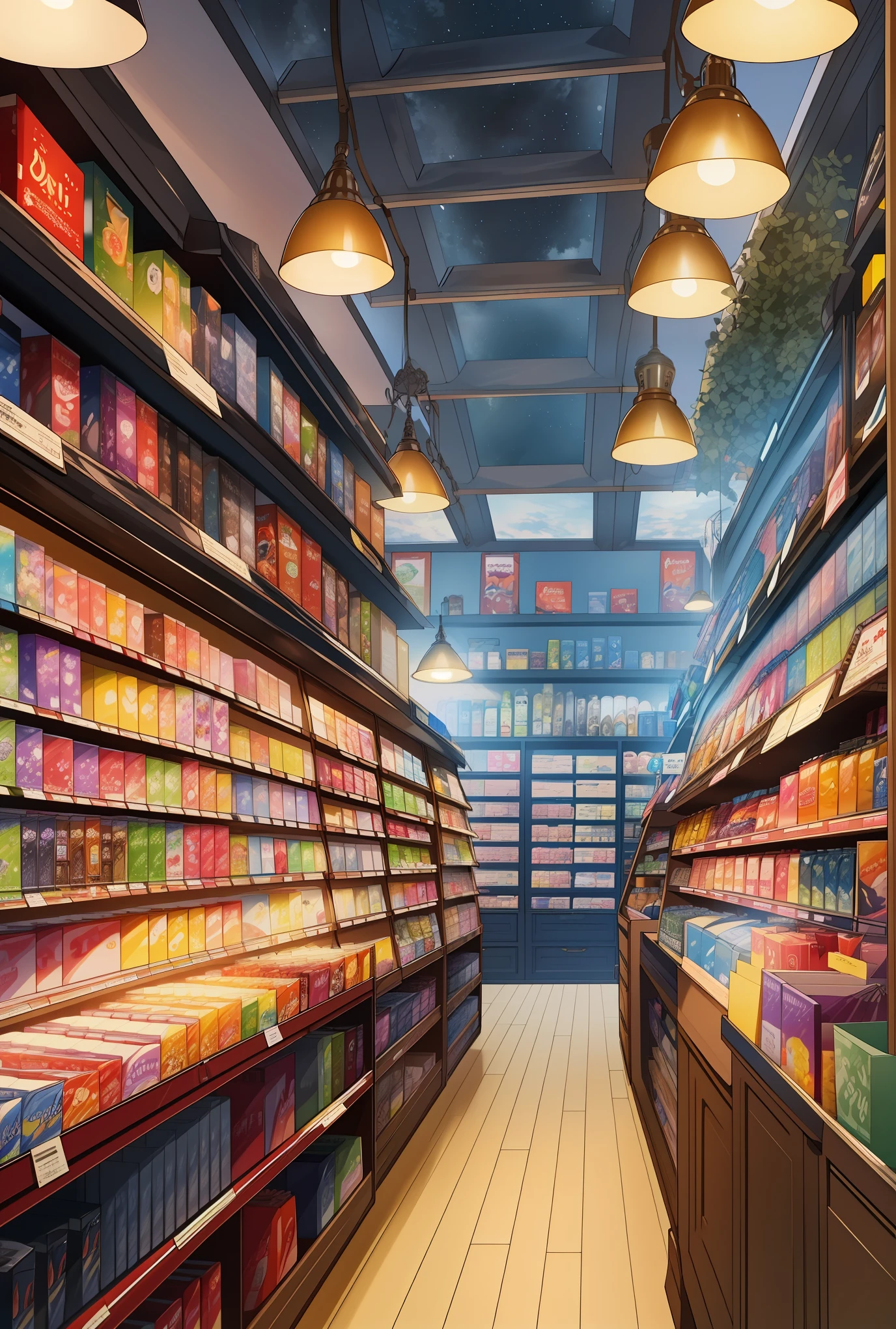 ,best quality,4k,8k,highres,masterpiece:1.2,ultra-detailed,realistic,photorealistic:1.37,illustration,magical atmosphere,quiet and tranquil setting,mysterious and enchanting midnight convenience store,neatly organized shelves,wide variety of products,cozy and inviting ambiance,subtle lighting,product diversity,bookshelves,stationery,snacks,candy,beverages,electronics,cosmetics,scattered interactive products,comforting environment,atmospheric charm,late night scene,lit up sign,indie products,unique items,secret treasures,exclusive products