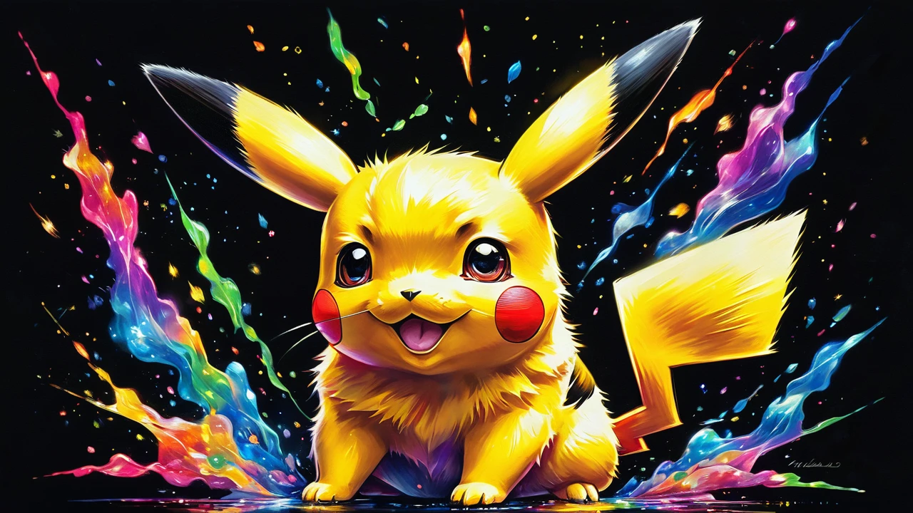 A painting of a colorful pikachu on a black background, breathtaking rendering, within a radiant connection, inspired by Kinuko Y. Artwork, magical elements, kitten icon, wow, it's beautiful, casting a multicolored spell, bright flash, shine | realistic portrait