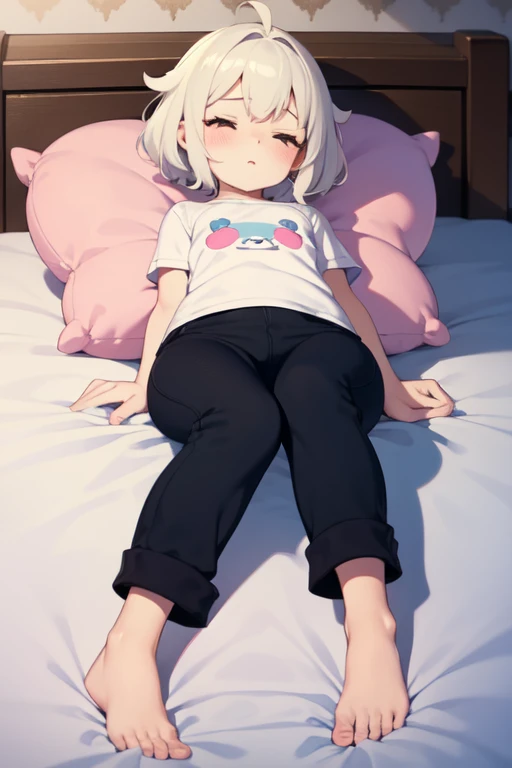 6 year old girl with a height of 115cm, pelo blanco, durmiendo en una cama de color rosa llena de peluches, que tenga solo una camisa y no pantalones ni bragas,dejando ver su vagina cerrada y virgen, con las piernas levantadas hasta su cara y profundamente dormida.