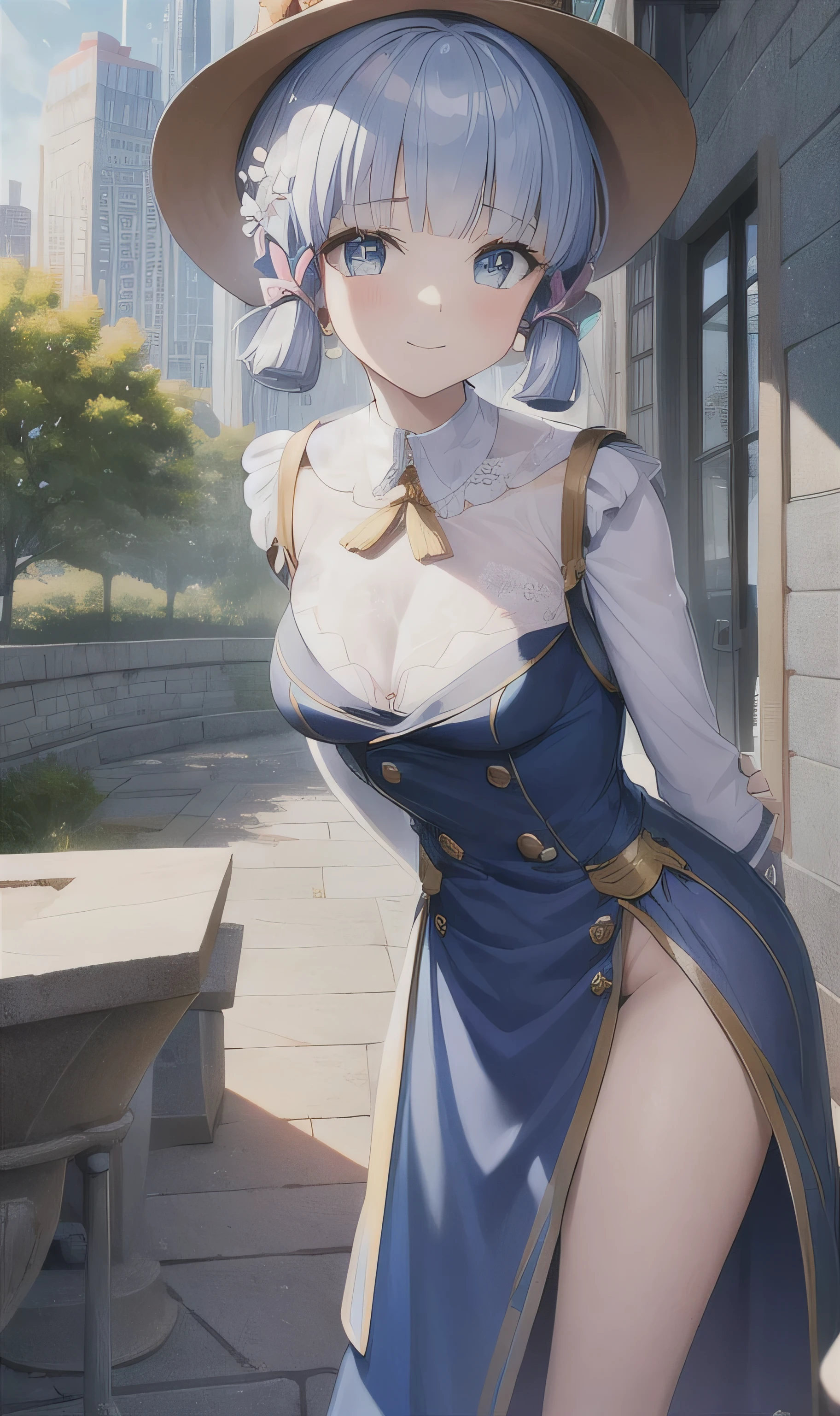 (masterpiece, best quality, ultra-detailed, highres), perfect face, sidelighting, lustrous skin, standing,
(bloom), (shine), lighting, ray tracing, sci-fi, city, street, outdoor, depth_of_field,
blue eyes , high heels, whirlwind of water, hair ornament, bangs, light blue hair, butterfly hair ornament, kamisato, kamisato ayaka \(heytea\), hat, single hair ring,