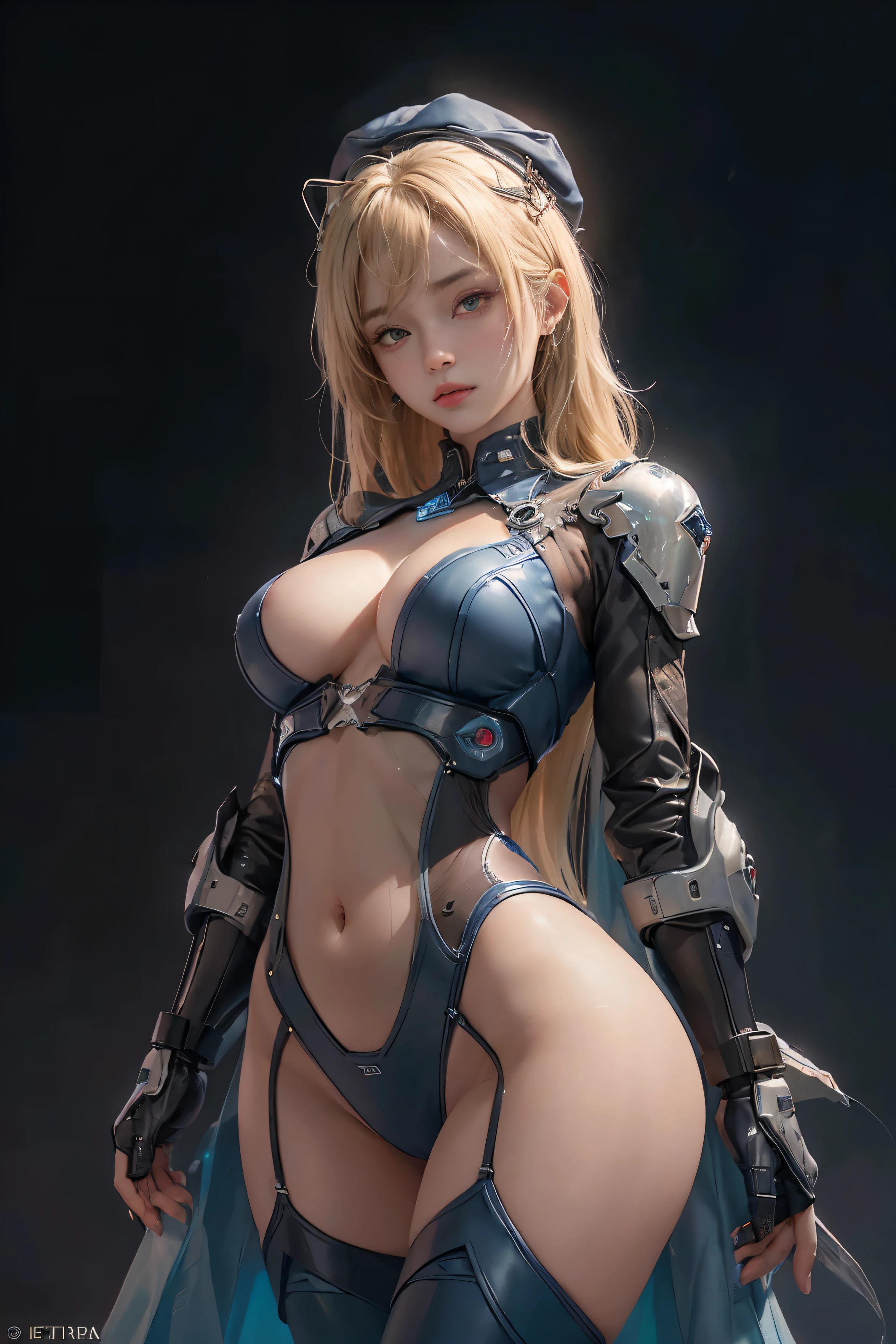 ((da mais alta qualidade)), ((obra-prima)), (detalhe:1.4), (((Translucent with mechanical parts and transparent skin++material de aurora azul escuro++、++Material de carbono cinzento++Linda mulher vestindo um casaco marinho futurista feito de))), ((Peito bem aberto)), Pele dos quadris e coxas, clock (High-range dynamics), rastreamento de raio, NVIDIA RTX, Super resolution, Subsurface Scattering PBR Texturing, post-processing, Filtragem de Anisotropia, profundidade de campos, Surface shading, Accurate light simulation/Material Interaction, perfectly proportioned, two tone lighting, grande abertura, ISO baixo, White balance, 8k, (((camel toe))), NSFW, (((mulher alta))), mulher de 25 anos, LED brilhante, joelho alto, protuberance, postura aberta, tiro de vaqueiro, Pele dos quadris e coxas, corpo bonito, Visible navel on bare skin, Peito para sentir a gravidade, ((Navy blue hat and coat with dim LED lights)), (seios enormes: 1.3), (bunda gigantesca: 1.0), Paisagem urbana deslumbrante cyberpunk, Placas de neon, Luzes LED, Sitting in a mechanical chair、cruzar as pernas, olhando para baixo, Boca ligeiramente aberta, dull bangs, beautiful straight medium blonde hair, Anatomically correct arms and fingers