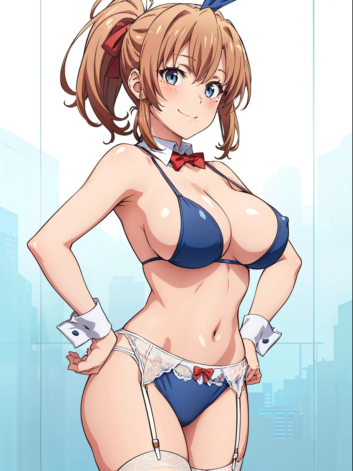 ((masutepiece, Best Quality, hight resolution, nffsw, Perfect Pixel, depth of fields, 4K, )), 1girl in, Solo, , Beautiful anime girl, Beautiful Art Style, close up, Looking at Viewer, Perfect body, Short hair, brown hair, ponytail, mole on face, blue eyes, (large boob), Full face blush, Smile, thighs thighs thighs thighs, navy playboy bunny, red bowtie, garter belt, white background, hands on hips, side shot, Focus,
