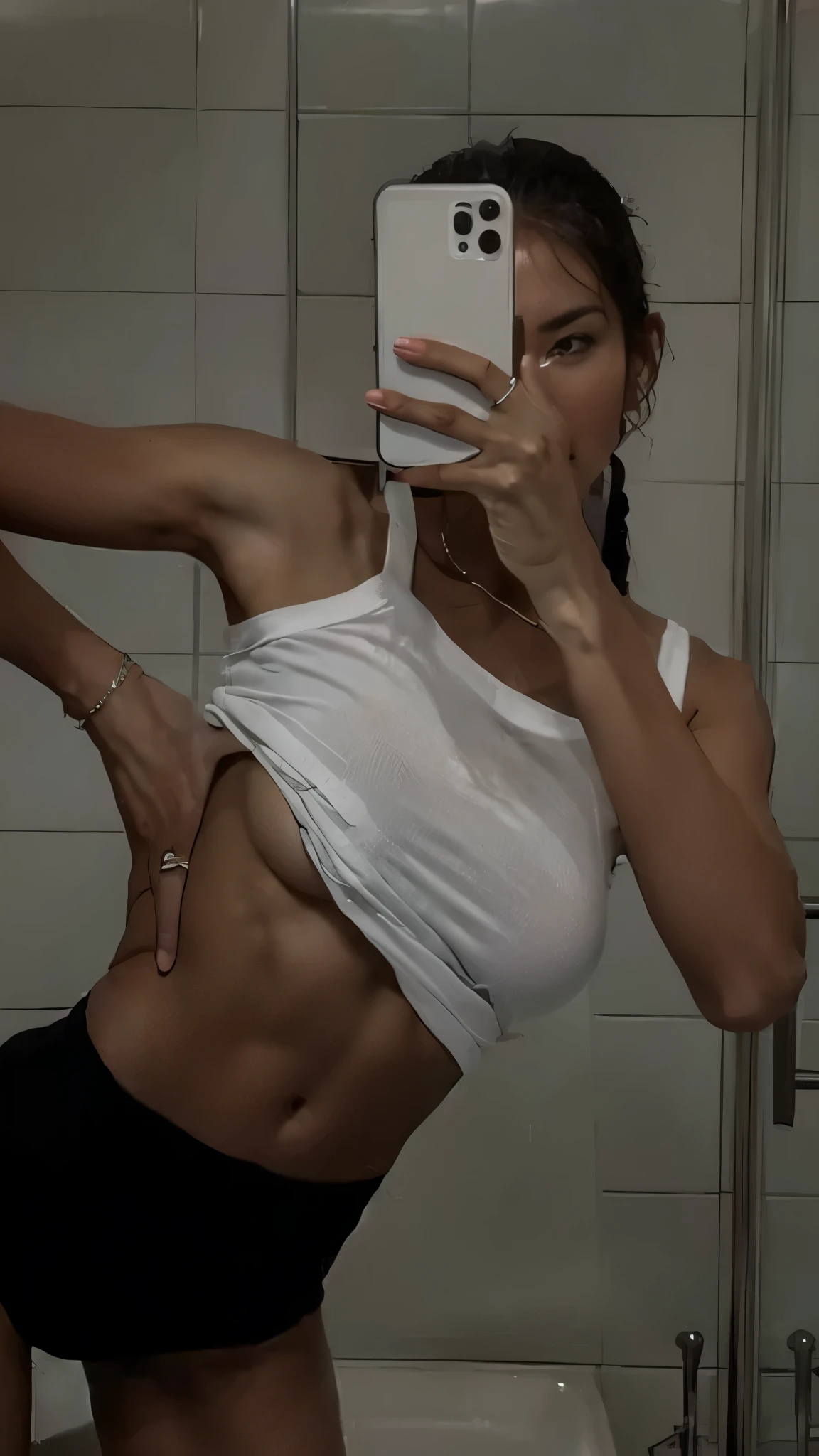 Woman taking selfie in front of bathroom mirror, Suitable for photo, with press, toned body, crop shirt and strong press, slender body, Emma Andievskaya, physical : the tiniest belly in the world, [ rigidly defined press ]!!, press, sweaty press, the tiniest belly in the world