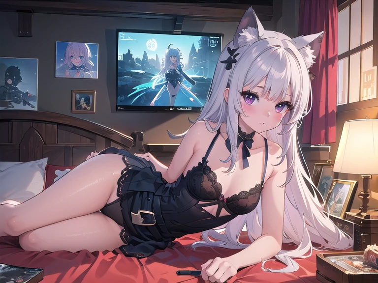 chica anime con ojos rojos parada frente a un puerto , arte de anime digital detallado, fondo de pantalla de arte anime 8k, fondo de pantalla de arte anime 4k, fondo de pantalla de arte animado 4k, anime fantasy illustration, anime fantasy illustrations, estilo anime 4K, hermosa doncella, hermosas ilustraciones de anime, Fondo de pantalla animado 4k, Fondo de pantalla manga 4k, Arte detallado de alta calidad 8k Seductive woman in white lingerie, goose belt, Crimson to Silver Ombre Hair, small and firm breasts, erotic pose, acostado en un dormitorio persa y cyberpunk, soft ambient lighting, mirada apasionada y seductora, Cortinas transparentes, lujosas almohadas de terciopelo, gargantilla con incrustaciones de diamantes, medias de encaje, delicate lace trim on lingerie, sensual atmosphere, curvas fascinantes, tasteful and sensual decoration, delicados patrones de encaje, adornos opulentos, marco de cama adornado, Reflective metal surfaces, futuristic holographic screens, ambiente encantador y misterioso, intimate and reserved atmosphere, silueta intrigante, bordado intrincado, paleta de colores sensuales, suave caricia de la luz de la luna, piel de porcelana perfecta, encanto hechizante, evoking desire and temptation, Seductora cautivadora.