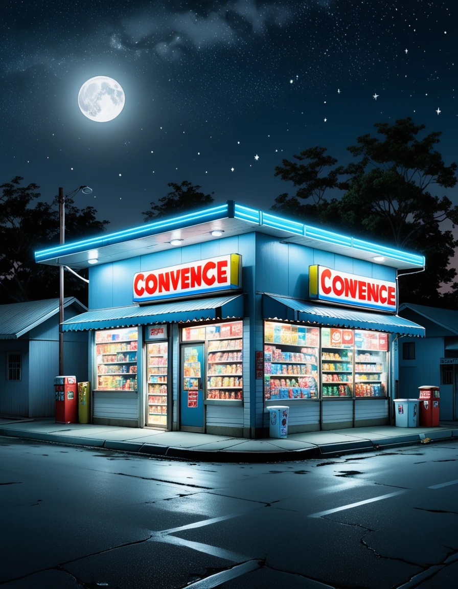 The lights of a convenience store late at night illuminating the darkness, the brightly lit store, the light leaking through the windows of the convenience store, the night sky, the starry sky and moonlight that are comparable to the lights of the convenience store, there are no buildings around the convenience store, masterpiece,detailed,insanely detailed,ultra detailed,best quality
