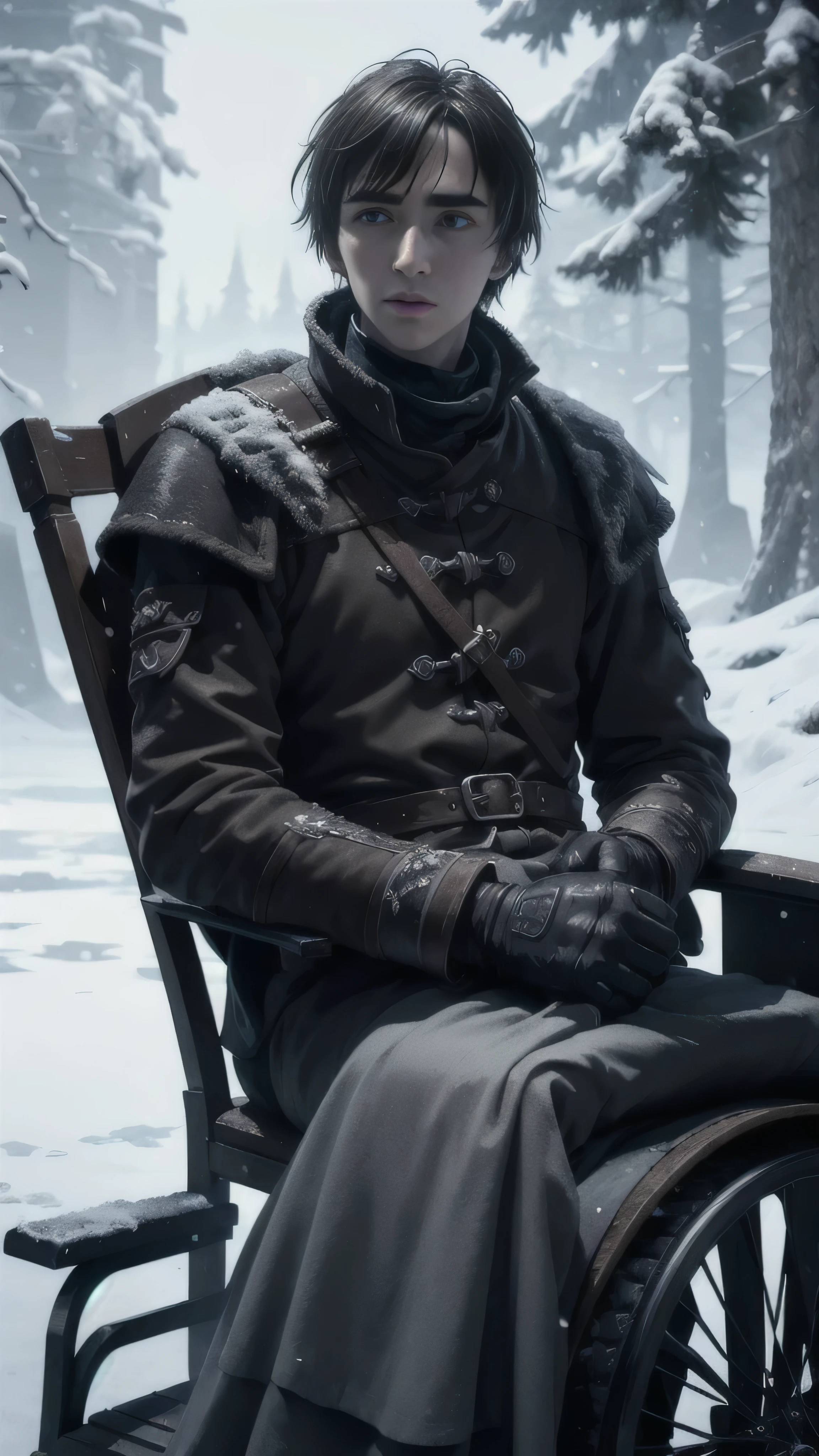 frostpunk, Isaac Hempstead Wright as br4nst4, blind, sitting in a wheelchair, near a big frozen tree, frostpunk garden, winter, snow, (1man), (solo), beautiful detailed glow, detailed, cinematic light, intricate detail, realistic, highres, detailed facial features, high detail, sharp focus, smooth, aesthetic, extremely, detailed, stamp, octane render