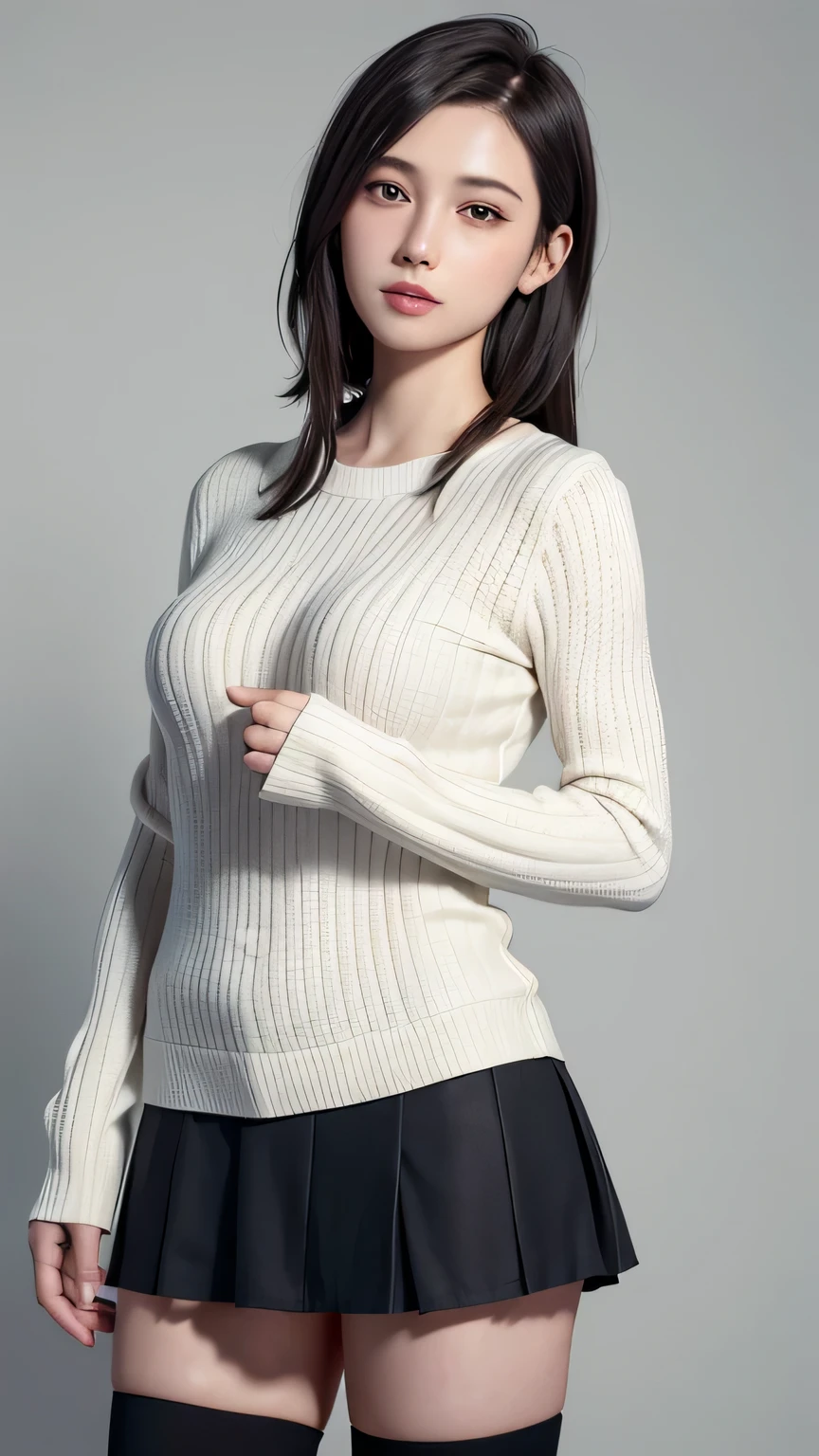 ((masterpiece, Highest_quality)), 1 girl, (realistic:1.4), alone, white_background, black_hair, length_hair, zettai_ryouiki, skirt, ((full_body)),