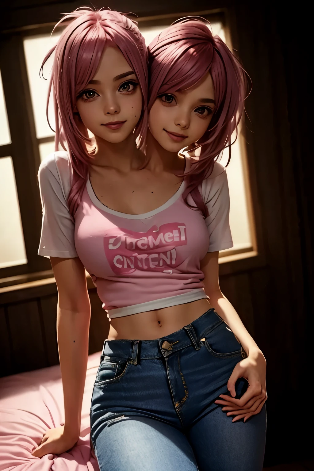 (1Girl, 18yo, ((messy bubblegum pink hair)), she are smiling, pink slutry eyes, (wearing ((sexy)) tight jeans and white t-shirt)), ((In a bed)). ((dark lighting at night)), (two heads)