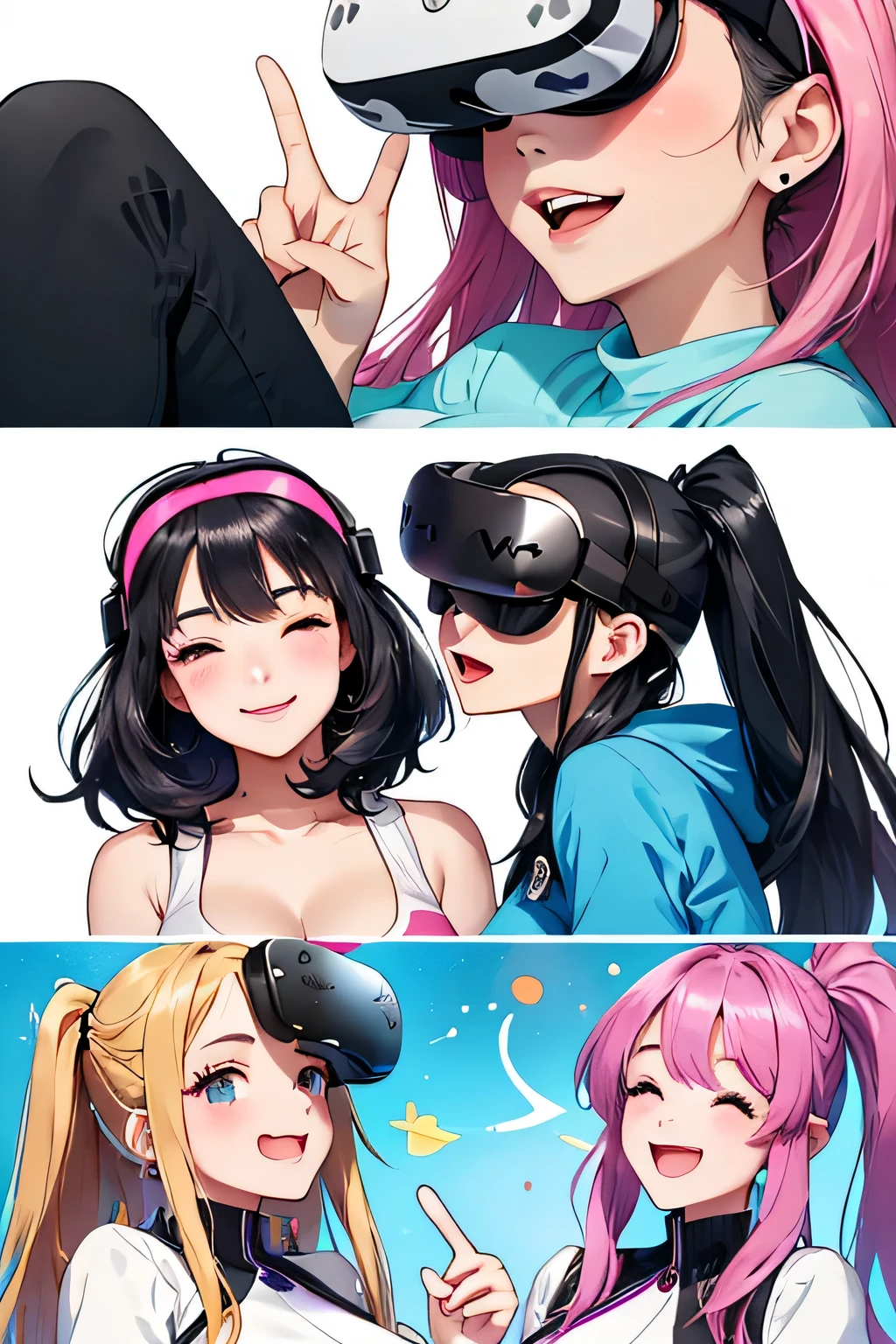 (highest quality:1.4)、(High resolution)、detailed background、(detailed beautiful face:1.4)、anatomically correct、(Depict the normal number of fingers)、(detailed facial expressions)、beautiful and smooth skin、beautiful teenage girl、three women、(huge breasts:1.3)、Bright hair colour、inner hair color、bob hair、ponytail、realistic、perfect body line、double peace sign、I'm so excited、blushing、Open-mouthed smile、
(Three beautiful girls wearing VR goggles enjoying virtual space interaction with virtual pets:1.5)、
Play with and communicate with virtual dogs and cats、
Use VR goggles to take part in a virtual dance party、
Dance rhythmically with adorable virtual characters、
Laughing and dancing happily together、
Enjoy a virtual picnic or outing using VR goggles、
Play in a virtual park