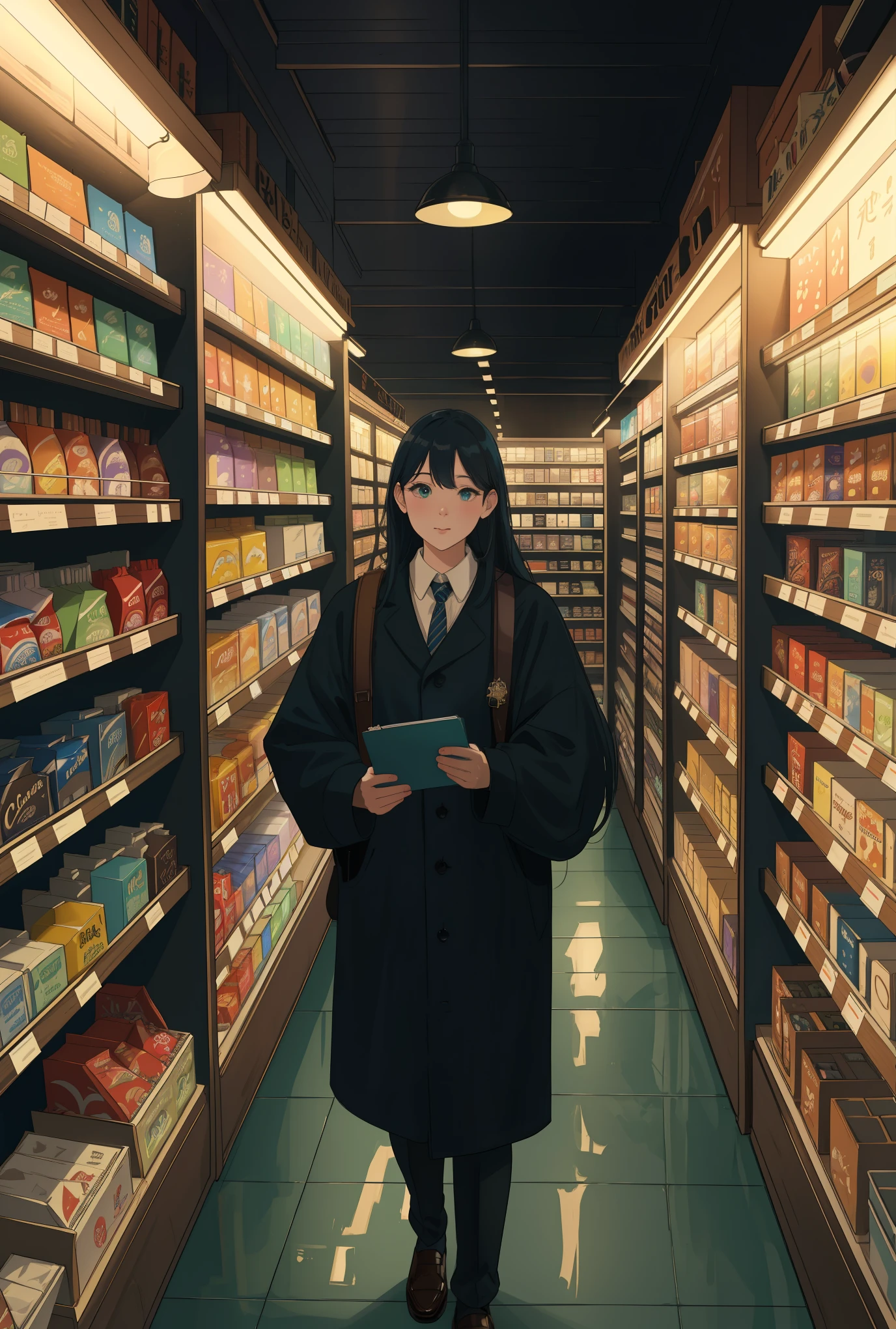 ,best quality,4k,8k,highres,masterpiece:1.2,ultra-detailed,realistic,photorealistic:1.37,illustration,magical atmosphere,quiet and tranquil setting,mysterious and enchanting midnight convenience store,neatly organized shelves,wide variety of products,cozy and inviting ambiance,subtle lighting,product diversity,bookshelves,stationery,snacks,candy,beverages,electronics,cosmetics,scattered interactive products,comforting environment,atmospheric charm,late night scene,lit up sign,indie products,unique items,secret treasures,exclusive products