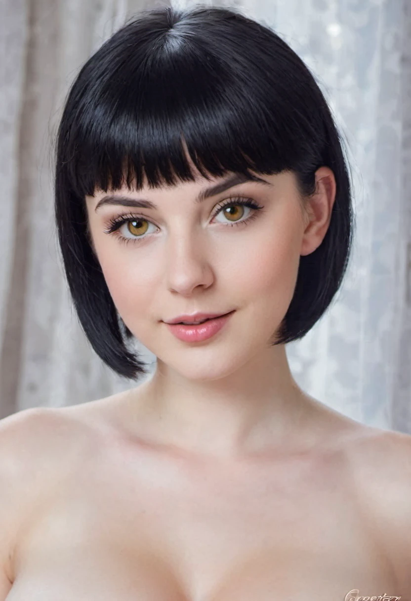 A striking teen adult model with a black bob haircut and angelic features poses, age 18, nude, candy-colored wonderland, (((fully naked))), youthful, energetic, playful, posing, by Tim Walker, full body,