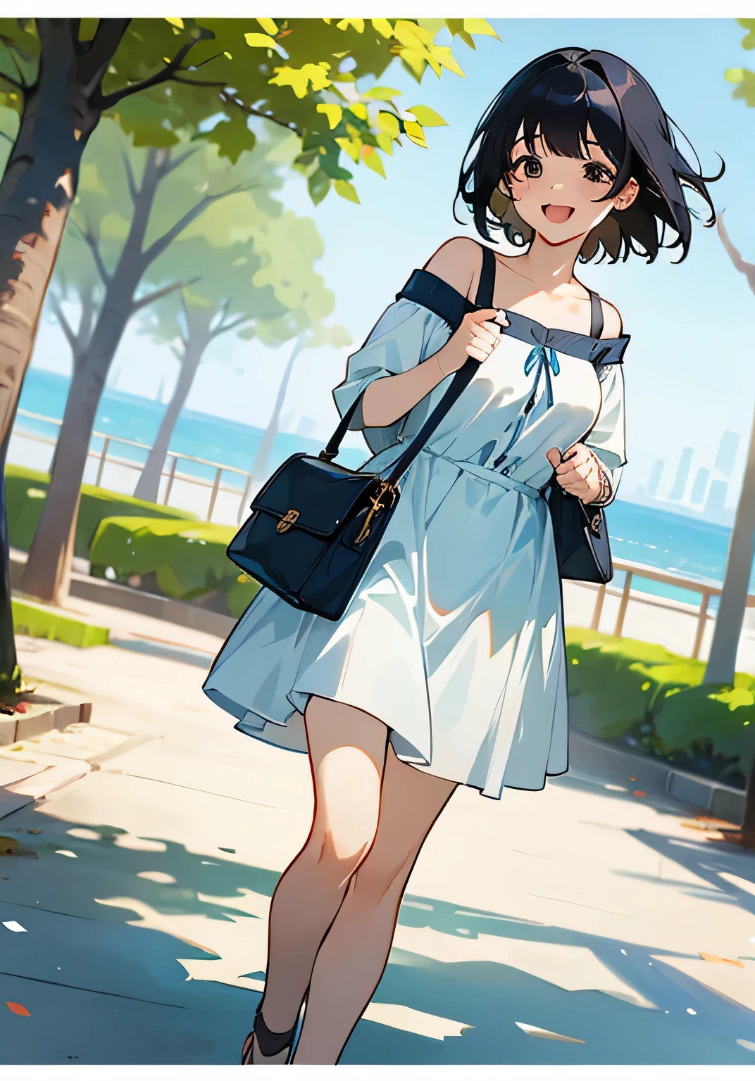 {best quality},sunny、park、Parks by the sea、black hair short cut、Female college student、beautiful breasts、innocent smile、close-eye、open-mouth、dress shirt in off shoulder、skirt、sandals、shoulder bag、High angle、close-up、looking at the camera、walking