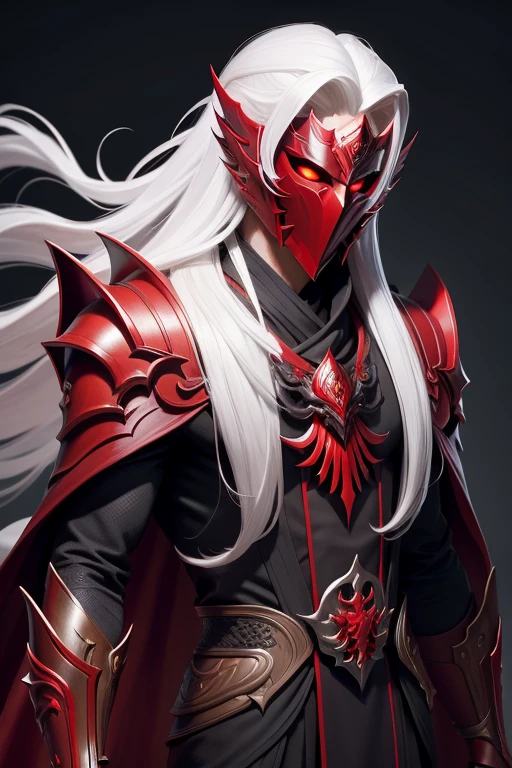 masterpiece, best quality, 1 elegant man, white hair, long hair, skinny, scary, Indonesian, red magic robes, flowing robes, black accents on robes, red mask, handsome mask, human face mask, all red colored mask, face fully covered by mask, simple background, solo, upper body