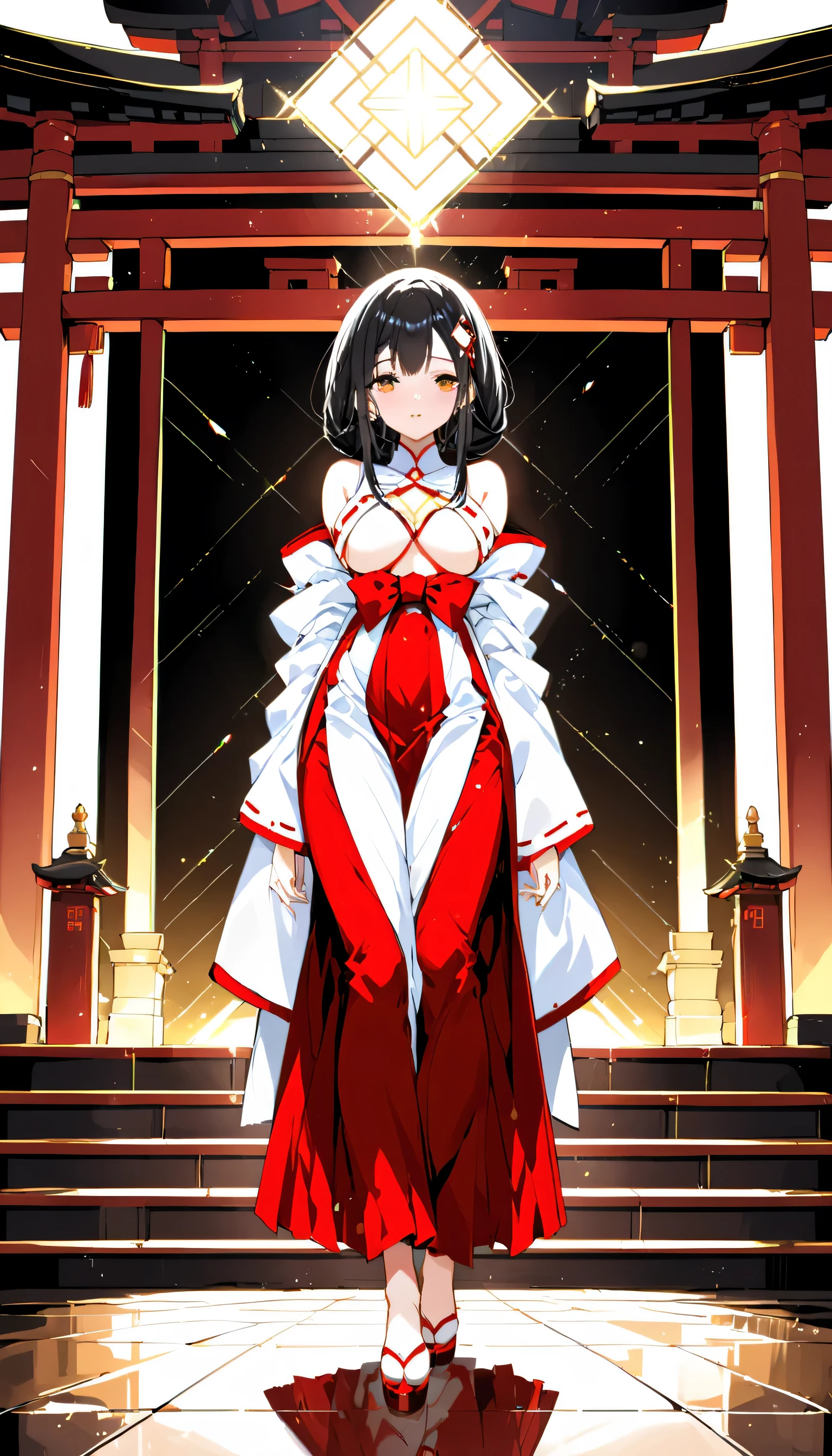 Beautiful white and shining skin、Black hair that changes depending on the light、Cheek gloss highlights、the most beautiful face in the world、small face beauty、golden ratio、full body shot、Beautiful woman with perfect body、Medium chest、solo、sexy、natural soft light、shrine maiden、(shrine maiden costume、white clothes、red hakama)、shrine、