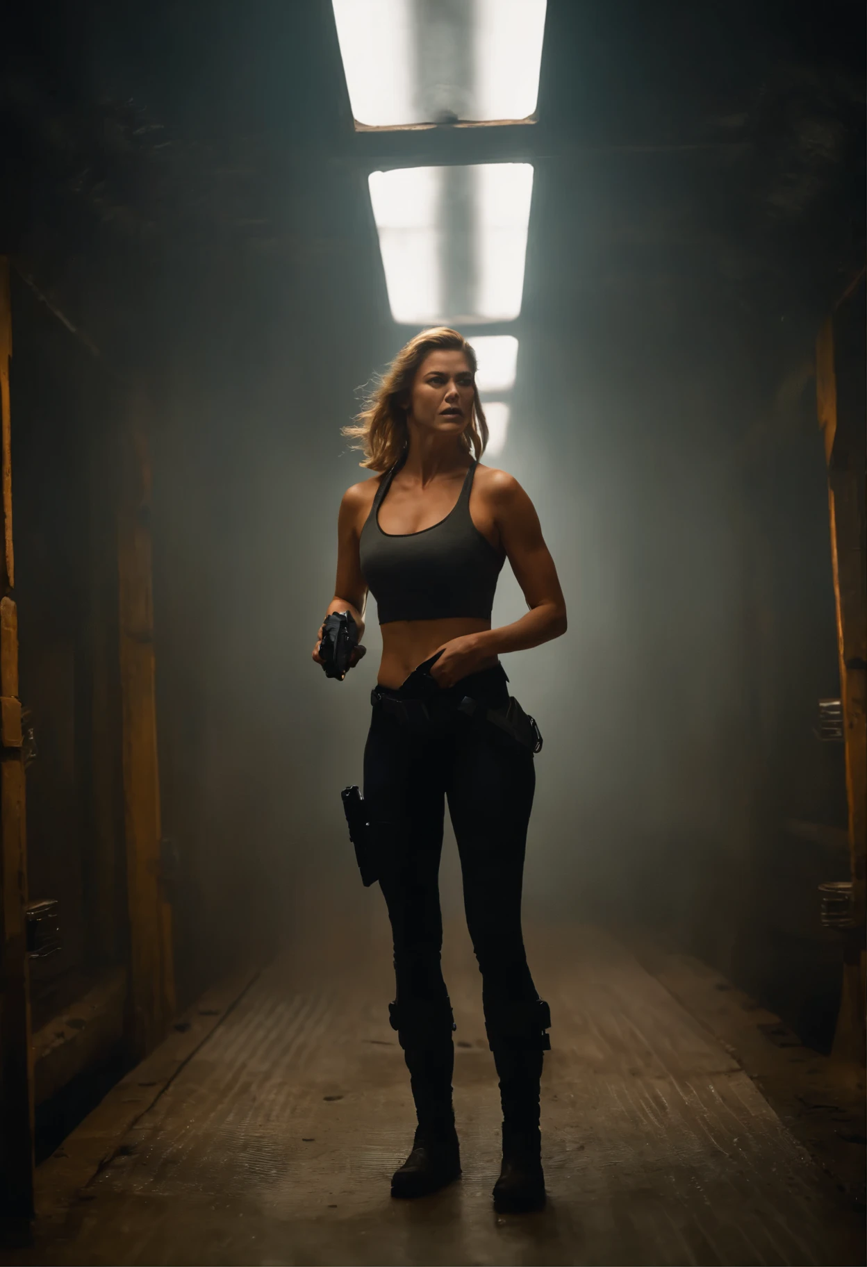 a Hot cleverage open torso or chest ponytail scared terrified Sci fi adrianne palicki holding a sci fi pistol on ishimura haunted abandoned Horror Space Ship photography, photorealism, cinematic rendering, ray tracing, the highest quality, the highest detail, Cinematic, Third-Person View, Blur Effect, Long Exposure, 8K, Ultra-HD, Natural Lighting, Spooky Red orange mist Moody Lighting, Cinematic Lighting