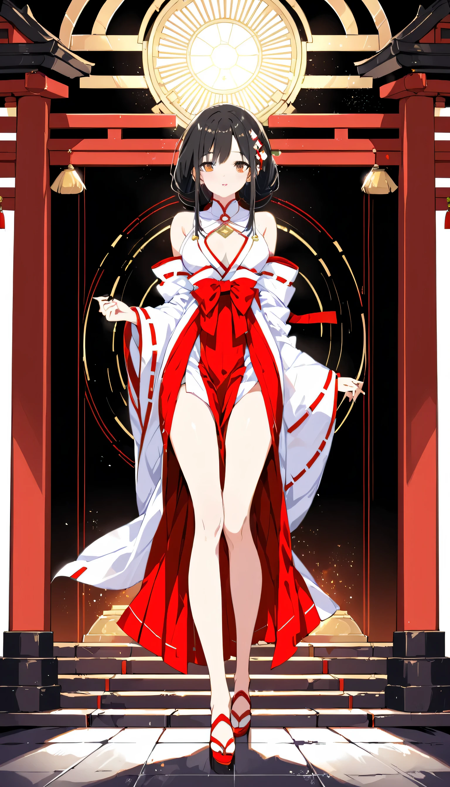 Beautiful white and shining skin、Black hair that changes depending on the light、Cheek gloss highlights、the most beautiful face in the world、small face beauty、golden ratio、full body shot、Beautiful woman with perfect body、Medium chest、solo、sexy、natural soft light、shrine maiden、(shrine maiden costume、white clothes、red hakama)、shrine、