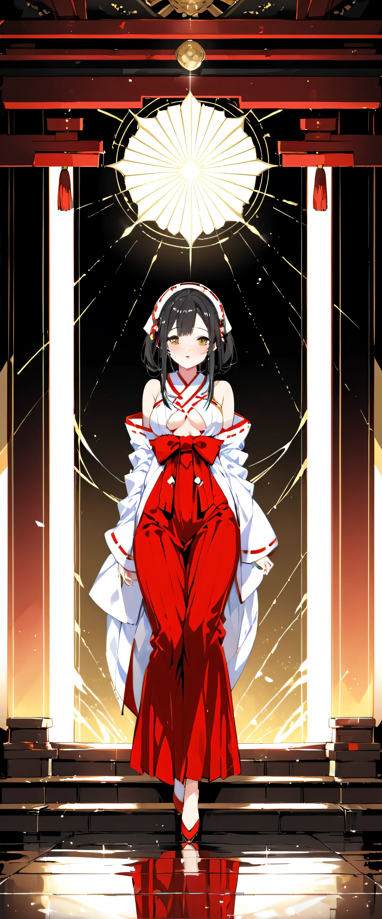 Beautiful white and shining skin、Black hair that changes depending on the light、Cheek gloss highlights、the most beautiful face in the world、small face beauty、golden ratio、full body shot、Beautiful woman with perfect body、Medium chest、solo、sexy、natural soft light、shrine maiden、(shrine maiden costume、white clothes、red hakama)、shrine、
