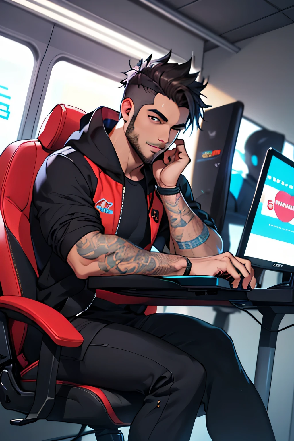 Rapaz bonito com barba bonita com estilo de roupa gamer mobile