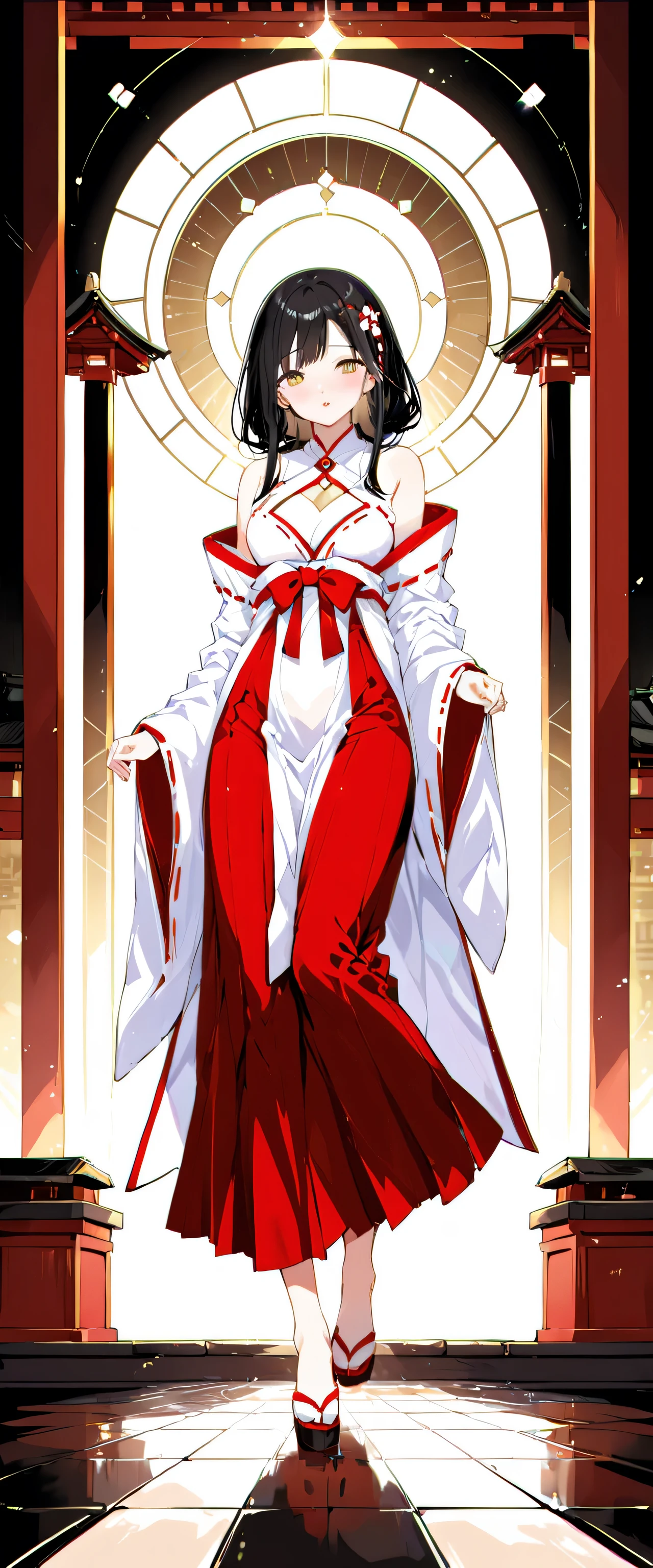 Beautiful white and shining skin、Black hair that changes depending on the light、Cheek gloss highlights、the most beautiful face in the world、small face beauty、golden ratio、full body shot、Beautiful woman with perfect body、Medium chest、solo、sexy、natural soft light、shrine maiden、(shrine maiden costume、white clothes、red hakama)、shrine、