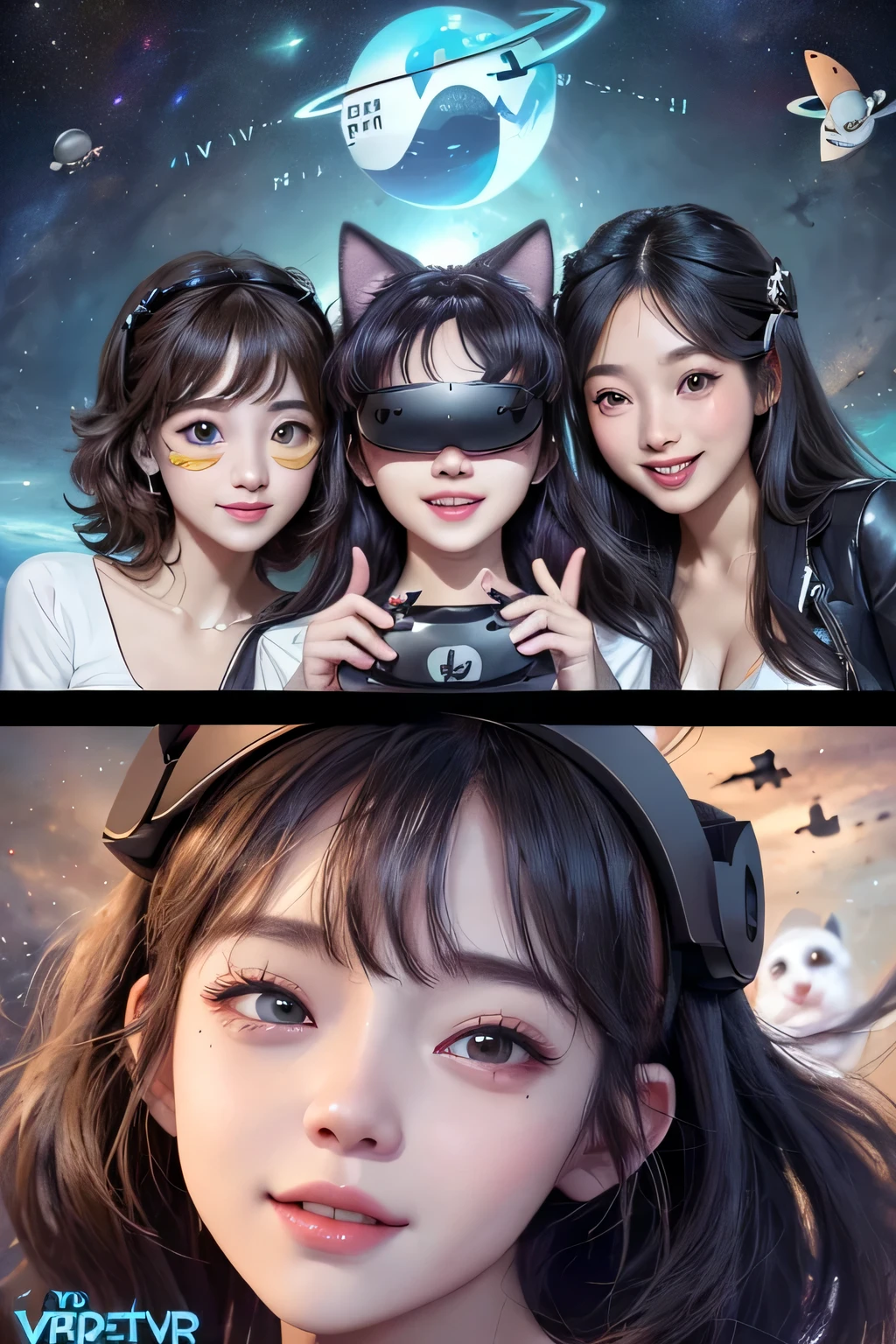 (highest quality:1.4)、(High resolution)、detailed background、(detailed beautiful face:1.4)、anatomically correct、(Depict the normal number of fingers)、(detailed facial expressions)、beautiful and smooth skin、beautiful teenage girl、three women、(huge breasts:1.3)、Bright hair colour、inner hair color、bob hair、ponytail、realistic、perfect body line、I'm so excited、blushing、Open-mouthed smile、Uplifting、
(Three beautiful girls wearing VR goggles enjoying virtual space interaction with virtual pets:1.5)、
Play with and communicate with virtual dogs and cats、
Join a virtual dance party、
Dance rhythmically with adorable virtual characters、
Laughing and dancing happily together、
Enjoy a virtual picnic or outing using VR goggles、
Play in a virtual park