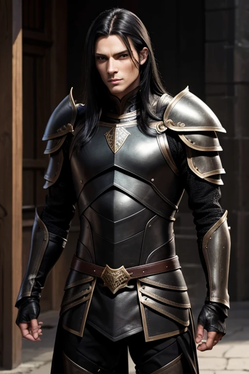 Male human, caucasian, slim, toned, long black hair, hazel-green eyes. Wearing black leather armor.
