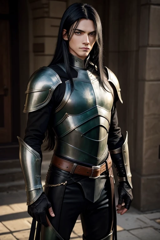 Male human, caucasian, slim, toned, long black hair, hazel-green eyes. Wearing black leather armor.