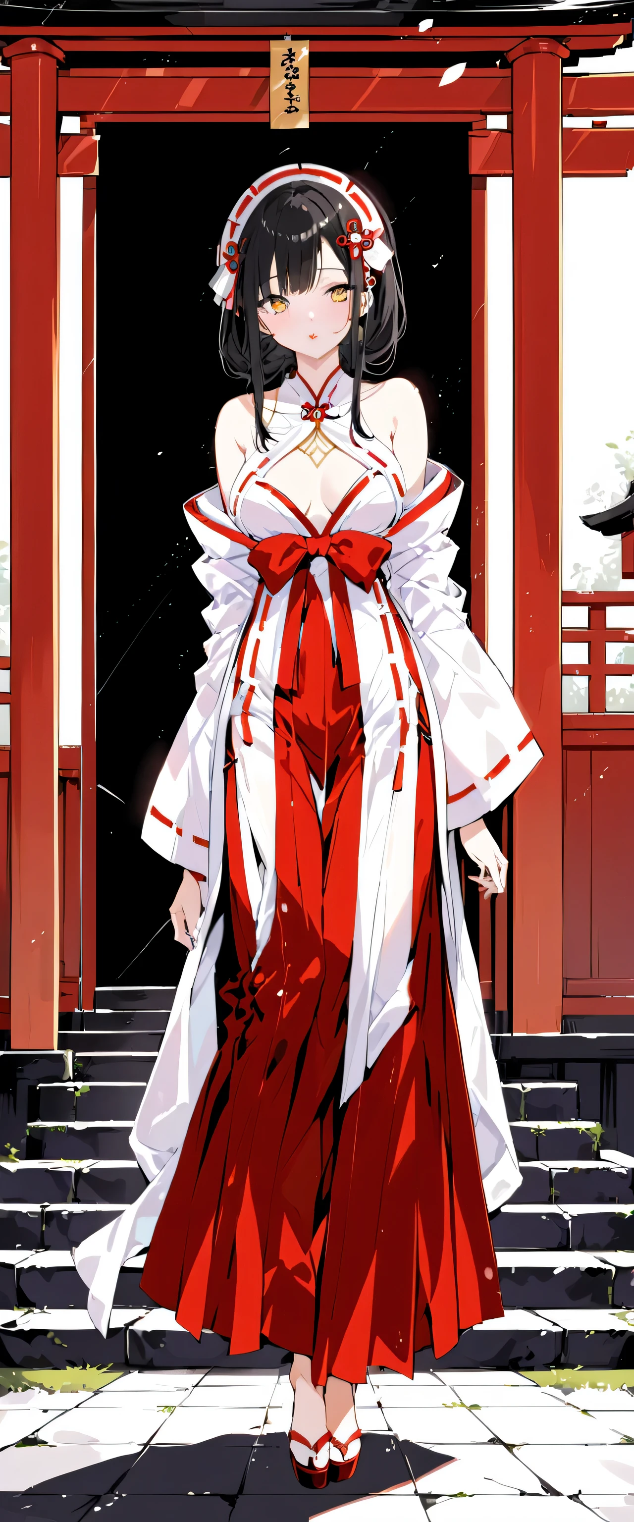 Beautiful white and shining skin、Black hair that changes depending on the light、Cheek gloss highlights、the most beautiful face in the world、small face beauty、golden ratio、full body shot、Beautiful woman with perfect body、Medium chest、solo、sexy、natural soft light、shrine maiden、(shrine maiden costume、white clothes、red hakama)、shrine、