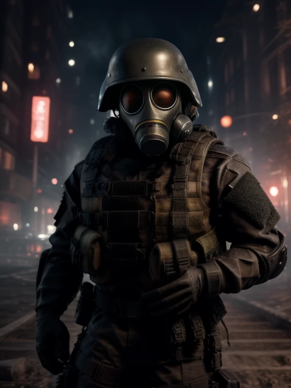 cinematic lighting, depth of field, wide shot, masterpiece, ccurate, anatomically correct, (expressionless), ((super detail)), ((high details)), ((high quality)), (highres:1.2), dark and mysterious, intense weapon specialist, (military, tactical:1.1), Hunk, dressed in black clothing, including gloves, helmet, and vest with multiple pockets, (menacing pose), (no visible face), (sharp focus:0.9), detailed character, detailed clothing, (detailed:1.1), action-focused, (portrait:0.9) with (bokeh:0.9) effect, city background