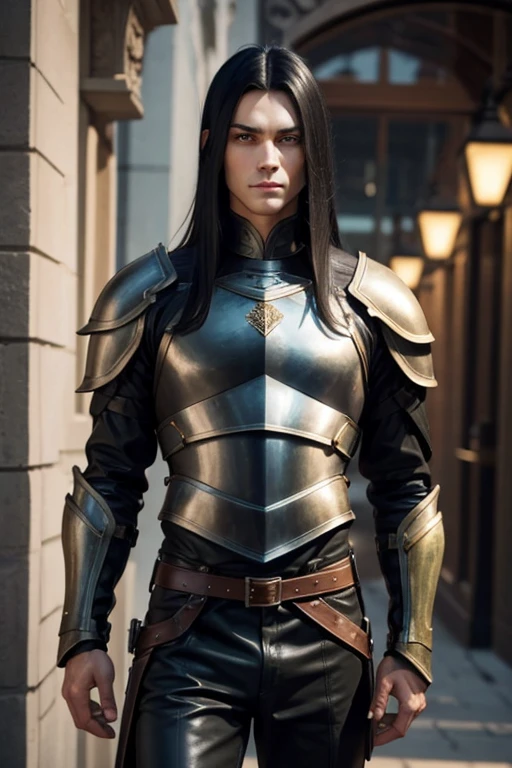 Male human, caucasian, slim, toned, long black hair, hazel-green eyes. Wearing leather armor.