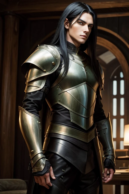 Male human, caucasian, slim, toned, long black hair, hazel-green eyes. Wearing leather armor.