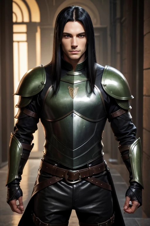 Male human, caucasian, slim, toned, long black hair, hazel-green eyes. Wearing leather armor.