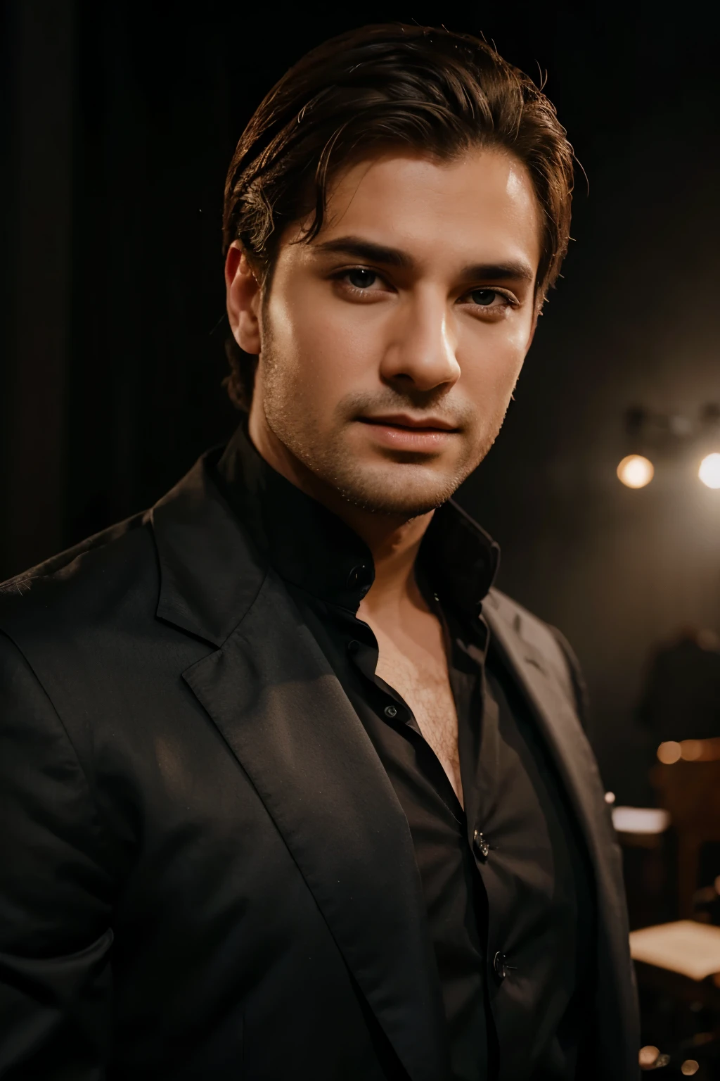 portrait of a male opera singer on stage, front