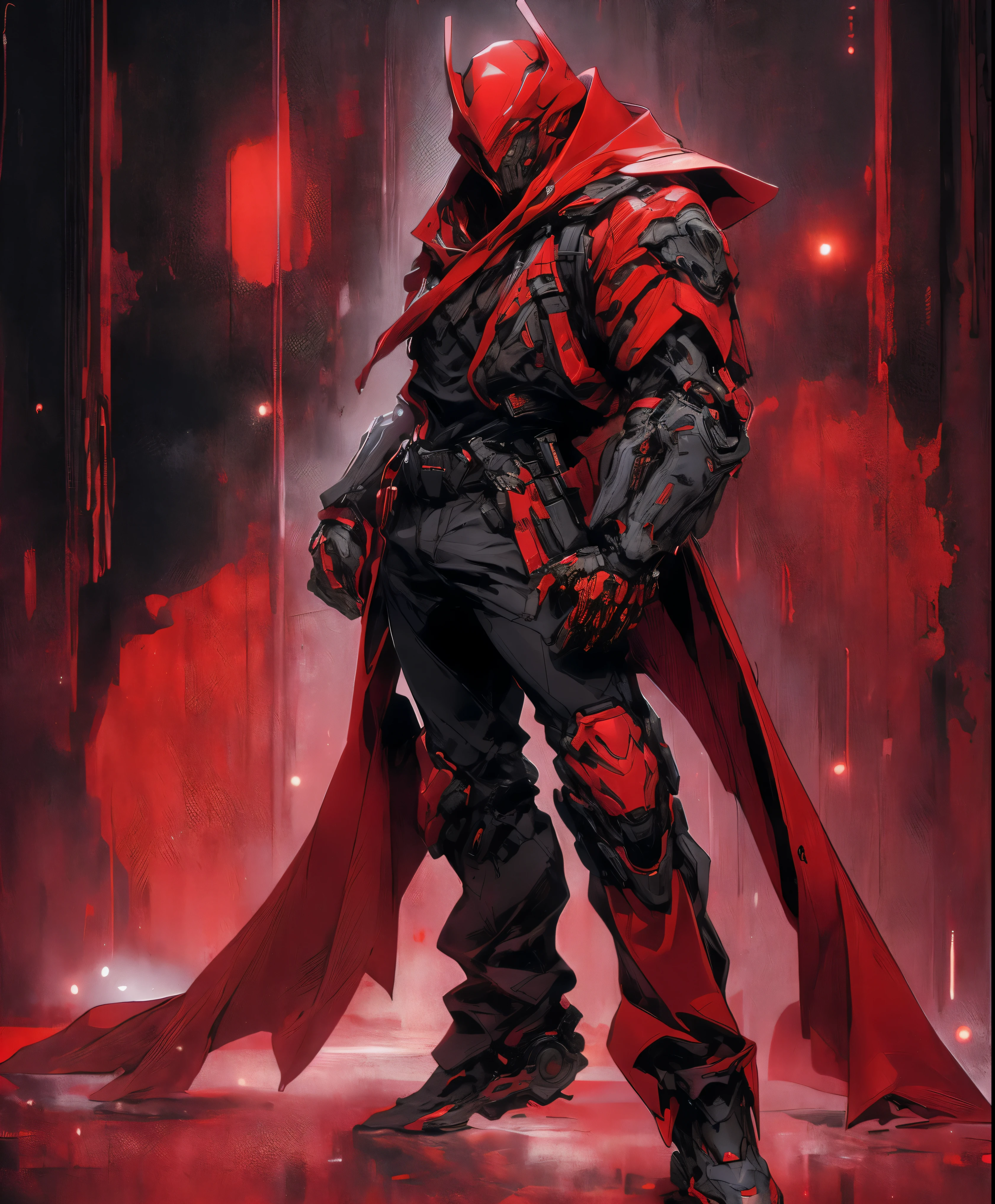 a man in a red jacket and black pants standing in a dark room, wearing cultist red robe, crimson attire, character from mortal kombat, as a character in tekken, fighting game character, cyberpunk assassin, red hooded mage, cyberpunk outfits, crimson clothes, the red ninja, wearing leather assassin armor, an edgy teen assassin, cool red jacket, cyberpunk street goon