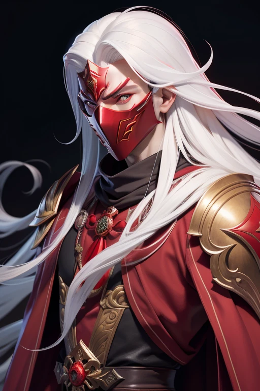 masterpiece, best quality, 1 elegant man, white hair, long hair, skinny, scary, Indonesian, red magic robes, flowing red robes, black accents on robes, red mask, handsome mask, human face mask, all red colored mask, face fully covered by mask, simple background, solo, upper body