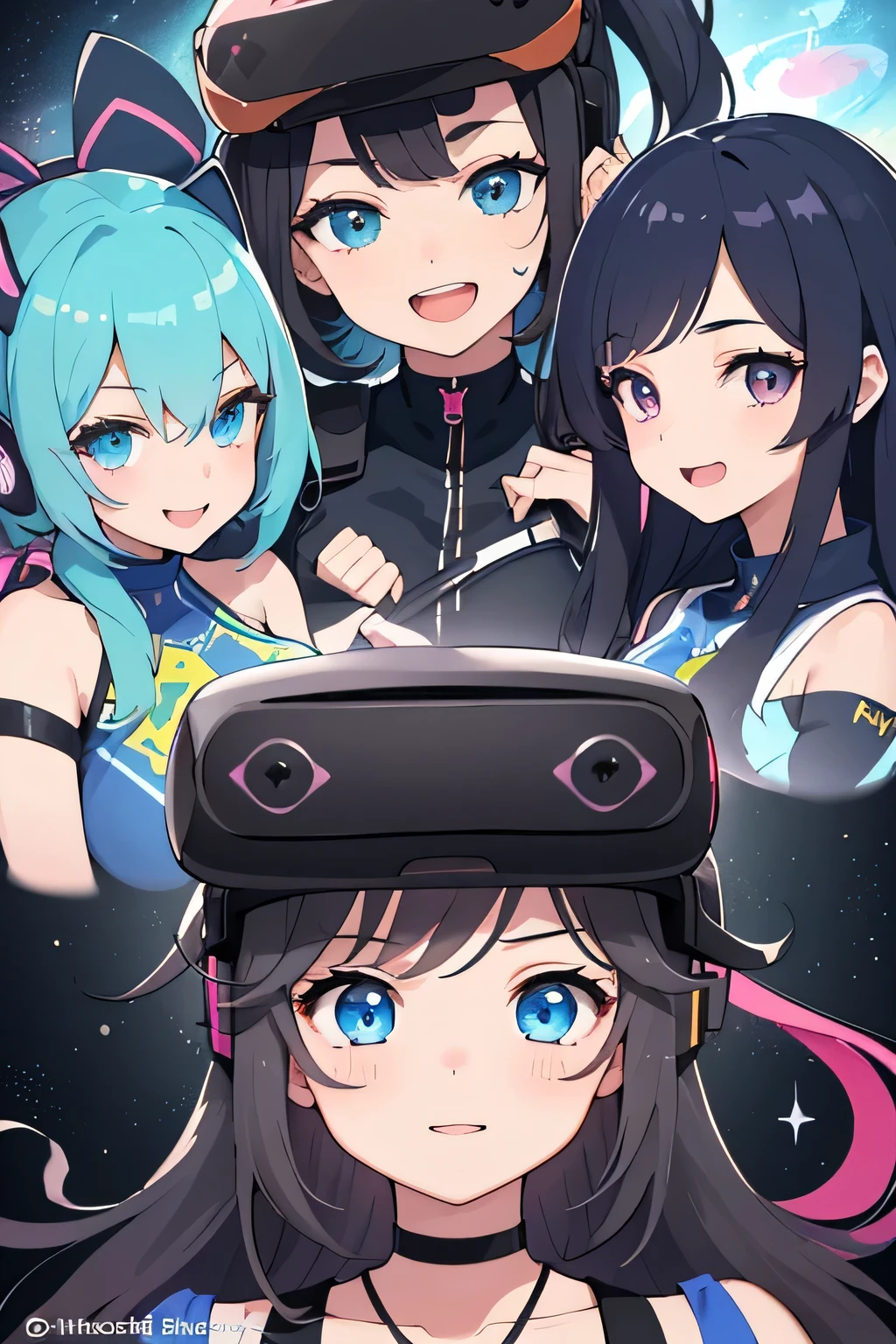 (highest quality:1.4)、(High resolution)、detailed background、(detailed beautiful face:1.4)、anatomically correct、(Depict the normal number of fingers)、(detailed facial expressions)、beautiful and smooth skin、beautiful teenage girl、three women、(huge breasts:1.3)、Bright hair colour、inner hair color、bob hair、ponytail、realistic、perfect body line、I'm so excited、blushing、Open-mouthed smile、Uplifting、

 (Three beautiful girls wearing VR goggles enjoying virtual space interaction with virtual pets:1.5)、
Play with and communicate with virtual dogs and cats、
Join a virtual dance party、
Dance rhythmically with adorable virtual characters、
Laughing and dancing happily together、

Enjoy a virtual picnic or outing using VR goggles、
Play in a virtual park