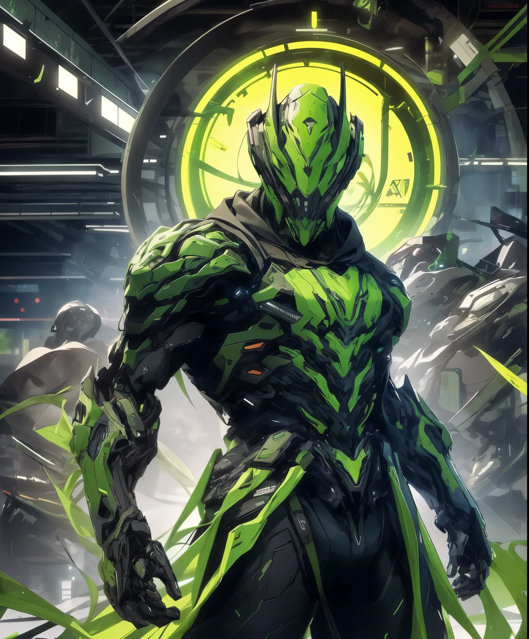 a man in a green jacket and black pants standing in a dark room, wearing cultist green robe, green attire, character from mortal kombat, as a character in tekken, fighting game character, cyberpunk assassin, green hooded mage, cyberpunk outfits, green clothes, the green ninja, wearing leather assassin armor, an edgy teen assassin, cool green jacket, cyberpunk street goon