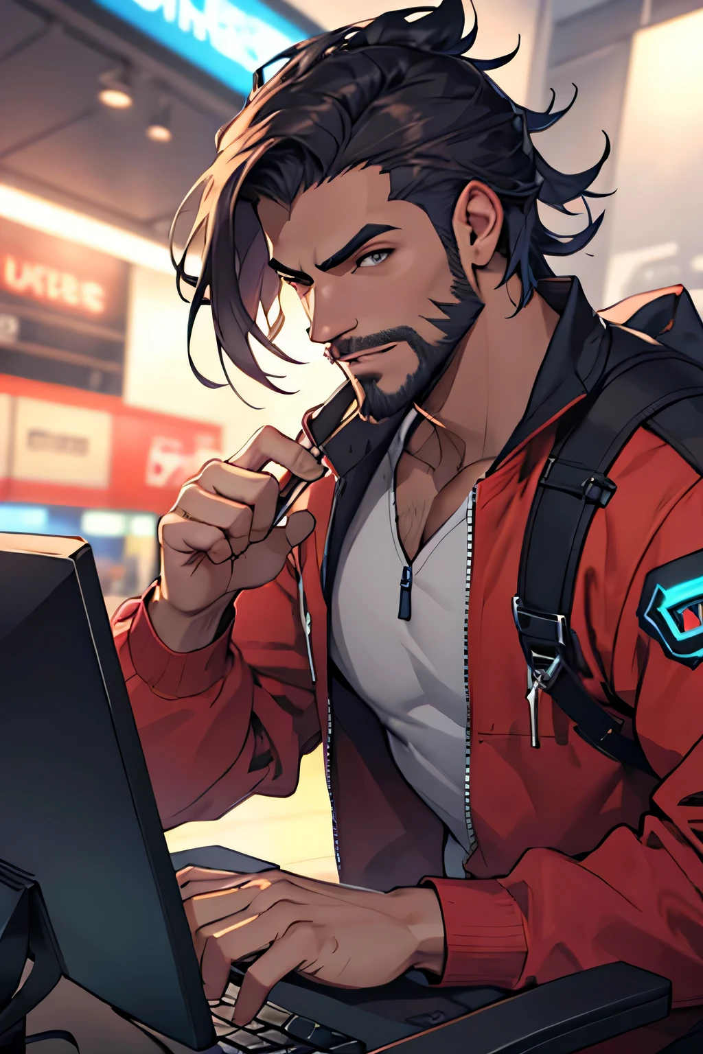 Rapaz bonito com barba bonita com roupa de jogador gamer mobile